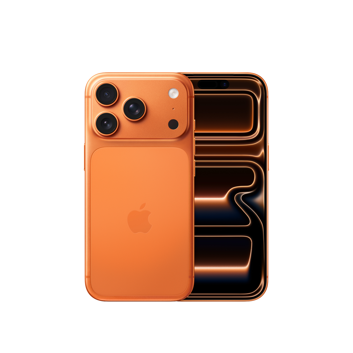 Oranges iPhone, Rück- und Vorderansicht. Rückseite zeigt Apple-Logo, Vorderseite hat drei Kameras. Beleuchtetes Innendesign auf dem Bildschirm.