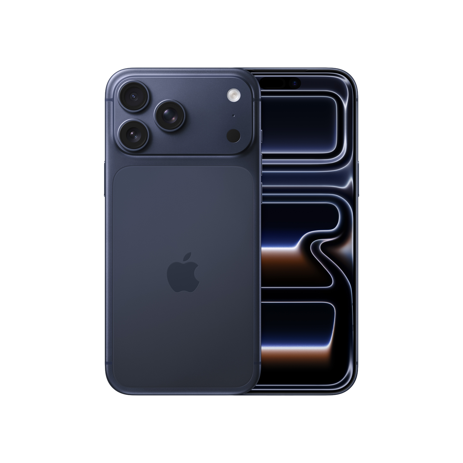Ein dunkelblaues Smartphone, das die Rückseite mit dem Apple-Logo und der Kameraanordnung sowie den Bildschirm mit einem leuchtenden Design zeigt.