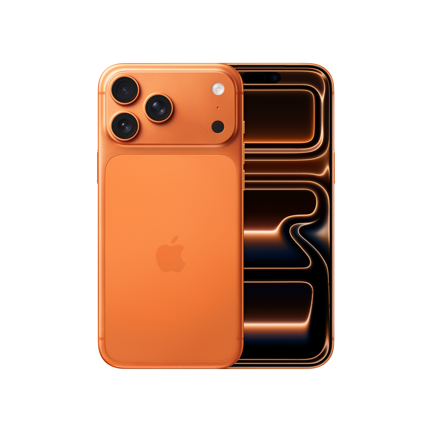 Oranges Smartphone mit drei Kameralinsen. Der Bildschirm zeigt ein dunkles, leuchtendes Design. Auf der Rückseite befindet sich ein Apple-Logo.