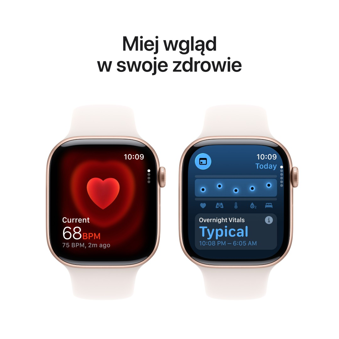 Dwa smartwatche wyświetlają dane zdrowotne. Jeden pokazuje tętno 68 BPM, drugi pokazuje dane witalne z nocy jako 'Typowe'.
