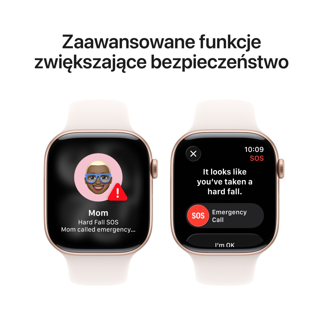 Dwa Apple Watch pokazują funkcje bezpieczeństwa. Jeden pokazuje powiadomienie o upadku do Mamy, drugi pyta o upadek. Opcja połączenia alarmowego.