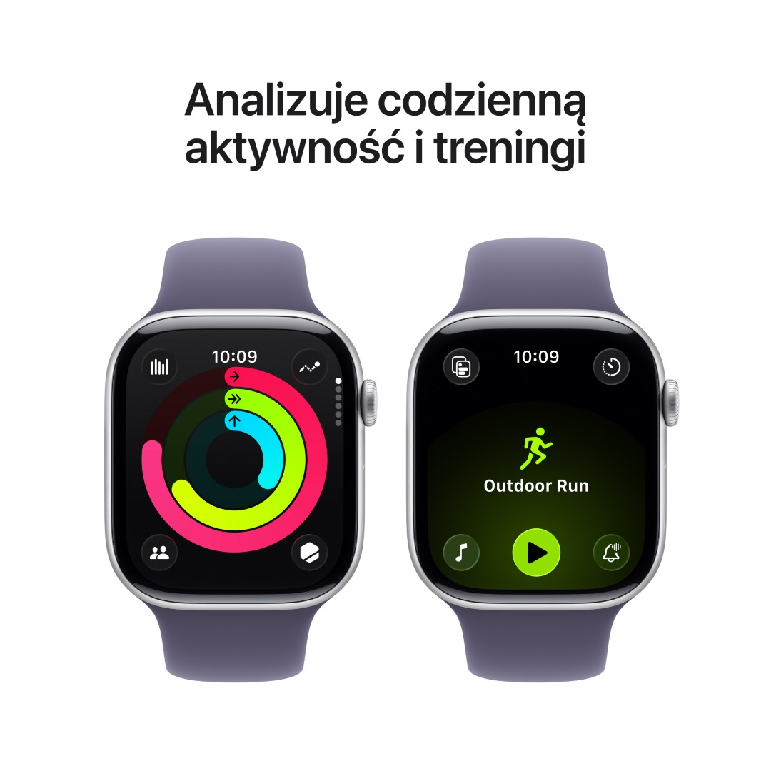 Dwa smartwatche wyświetlające śledzenie aktywności. Jeden pokazuje pierścienie treningowe, drugi interfejs 'Bieg na zewnątrz'.