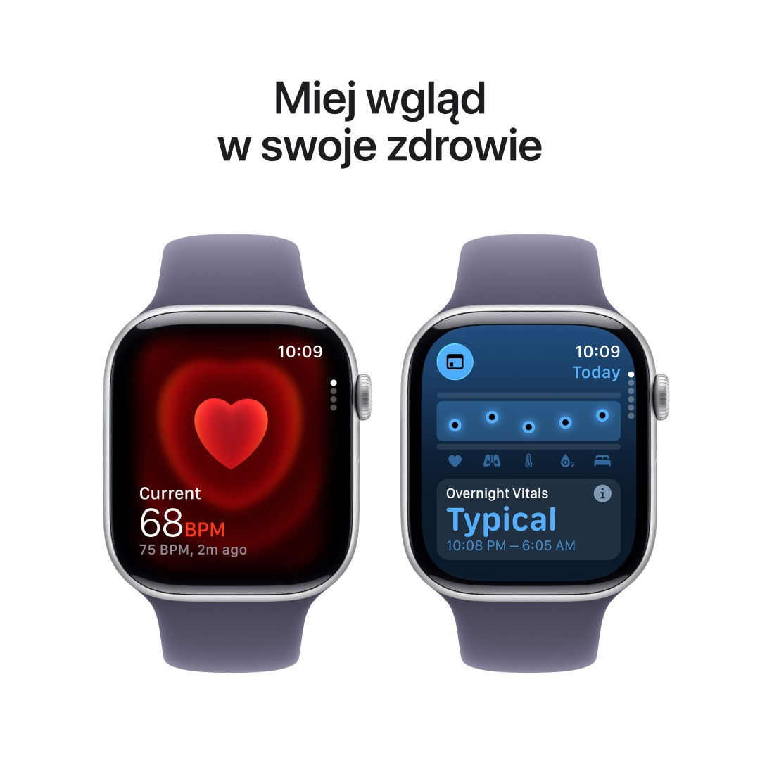 Dwa smartwatche wyświetlające dane zdrowotne: tętno i witalne parametry nocne. Zegarki są fioletowe z czarnymi ekranami.