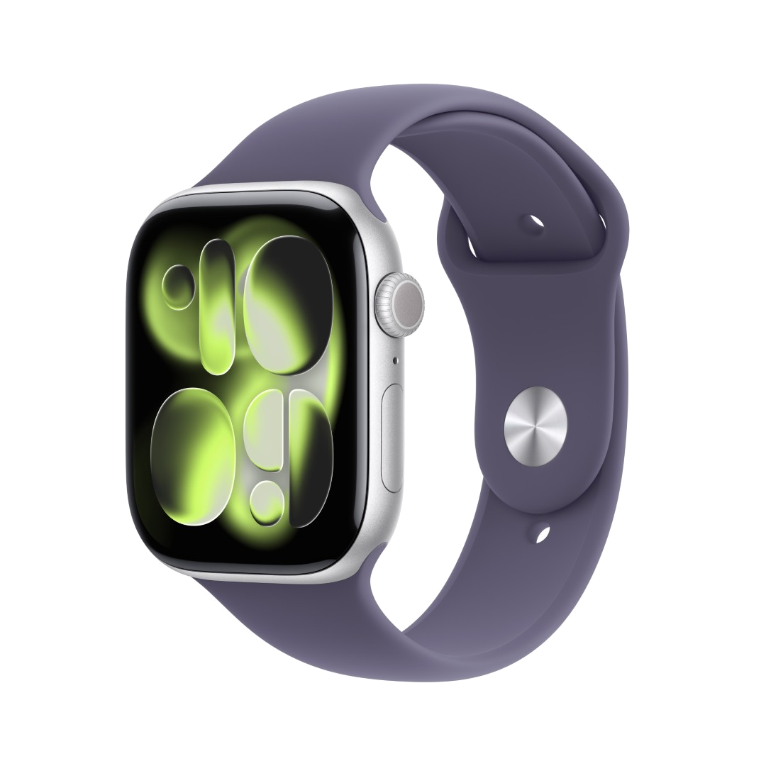 Apple Watch w kolorze srebrnym z fioletowym paskiem. Tarcza zegarka wyświetla godzinę 10:09. Tło jest czarne.