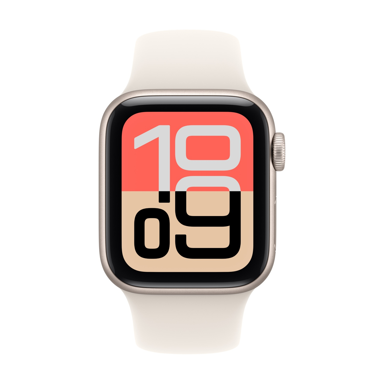 Un Apple Watch con cinturino color crema mostra le 10:09 sullo schermo. Lo schermo è diviso in sezioni corallo e beige.