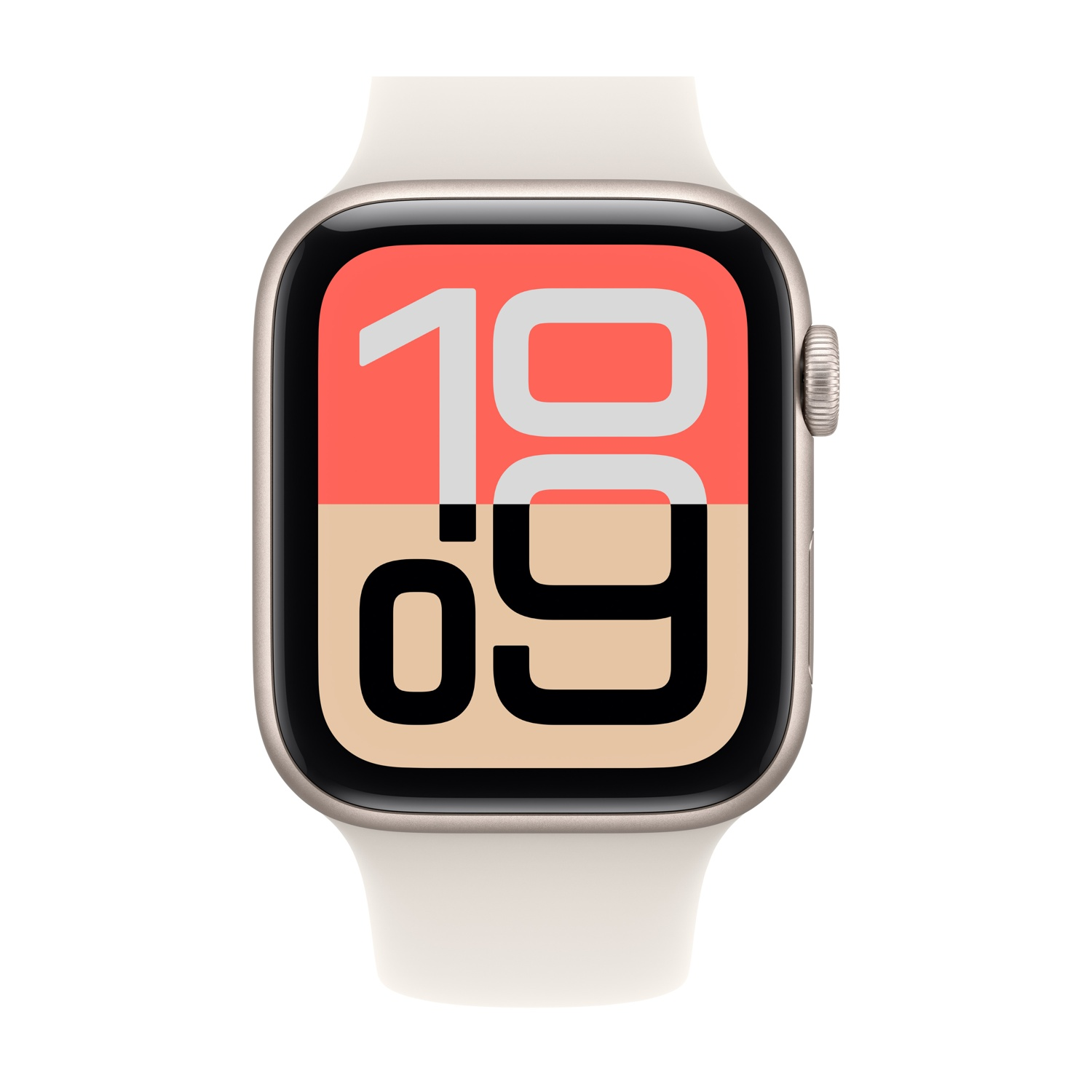 Un Apple Watch con cinturino color crema mostra l'ora 10:09. Il quadrante è diviso, con sezioni corallo e beige.