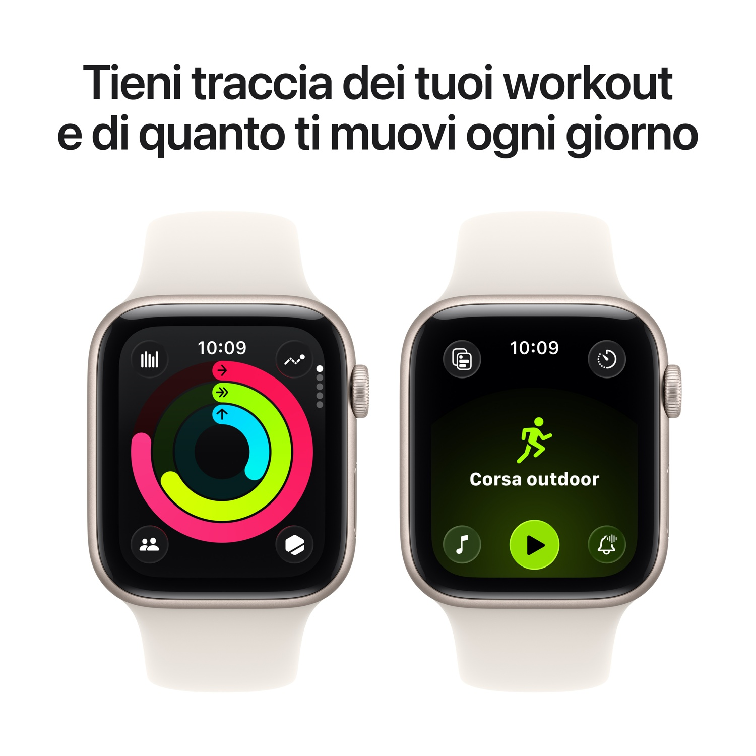 Due smartwatch su sfondo bianco. Uno mostra anelli di attività, l'altro un allenamento di corsa all'aperto.