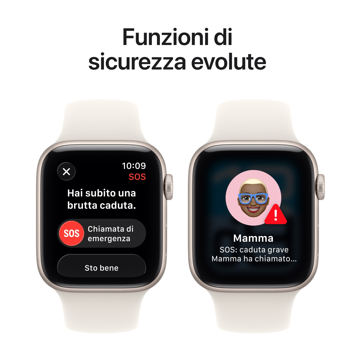 Due Apple Watch mostrano notifiche di emergenza. Uno mostra 'Rilevata caduta' e l'altro 'Mamma chiama'. Entrambi gli orologi hanno cinturini bianchi.