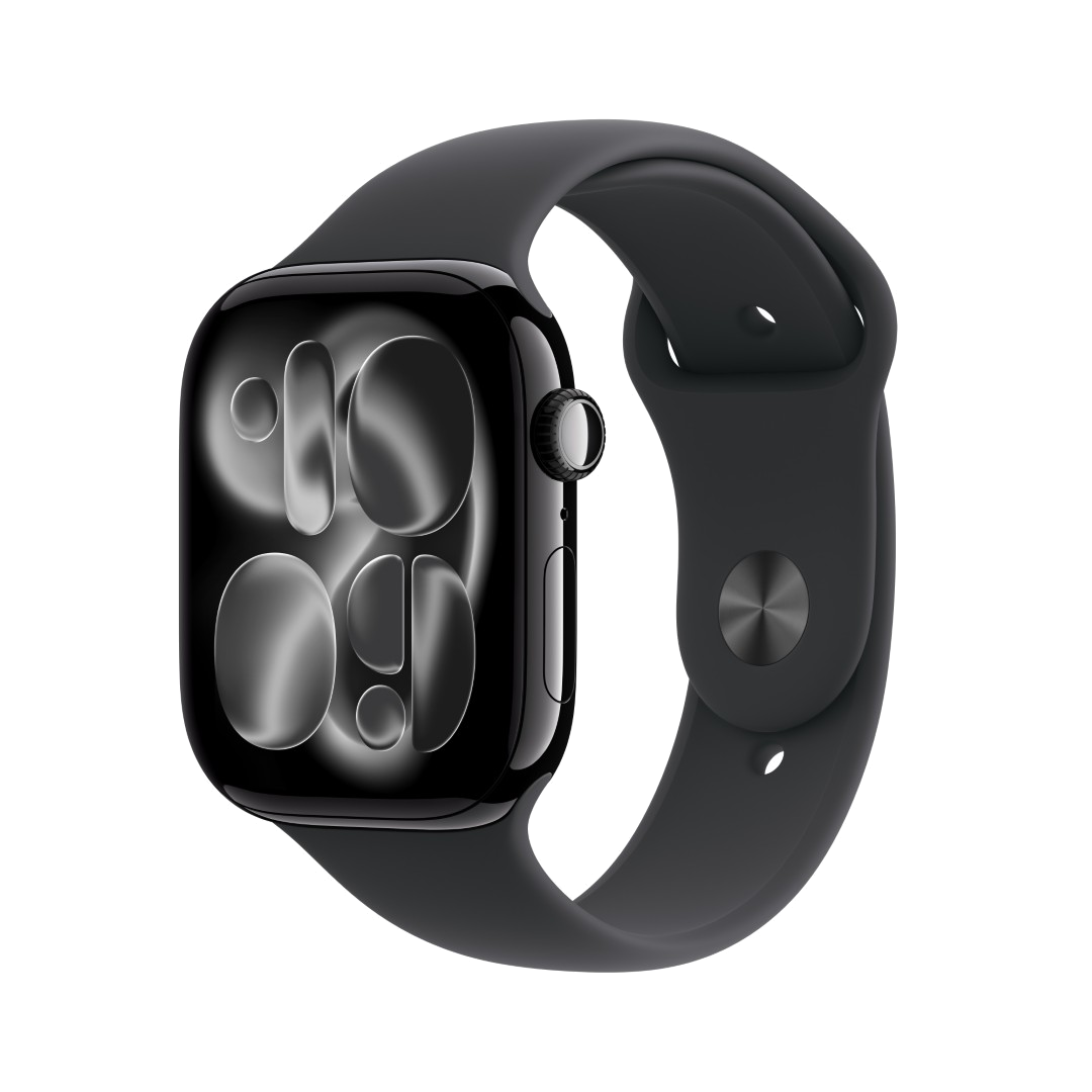 Czarny Apple Watch z czarnym paskiem na czarnym tle. Tarcza zegarka wyświetla rozmyte odbicie.