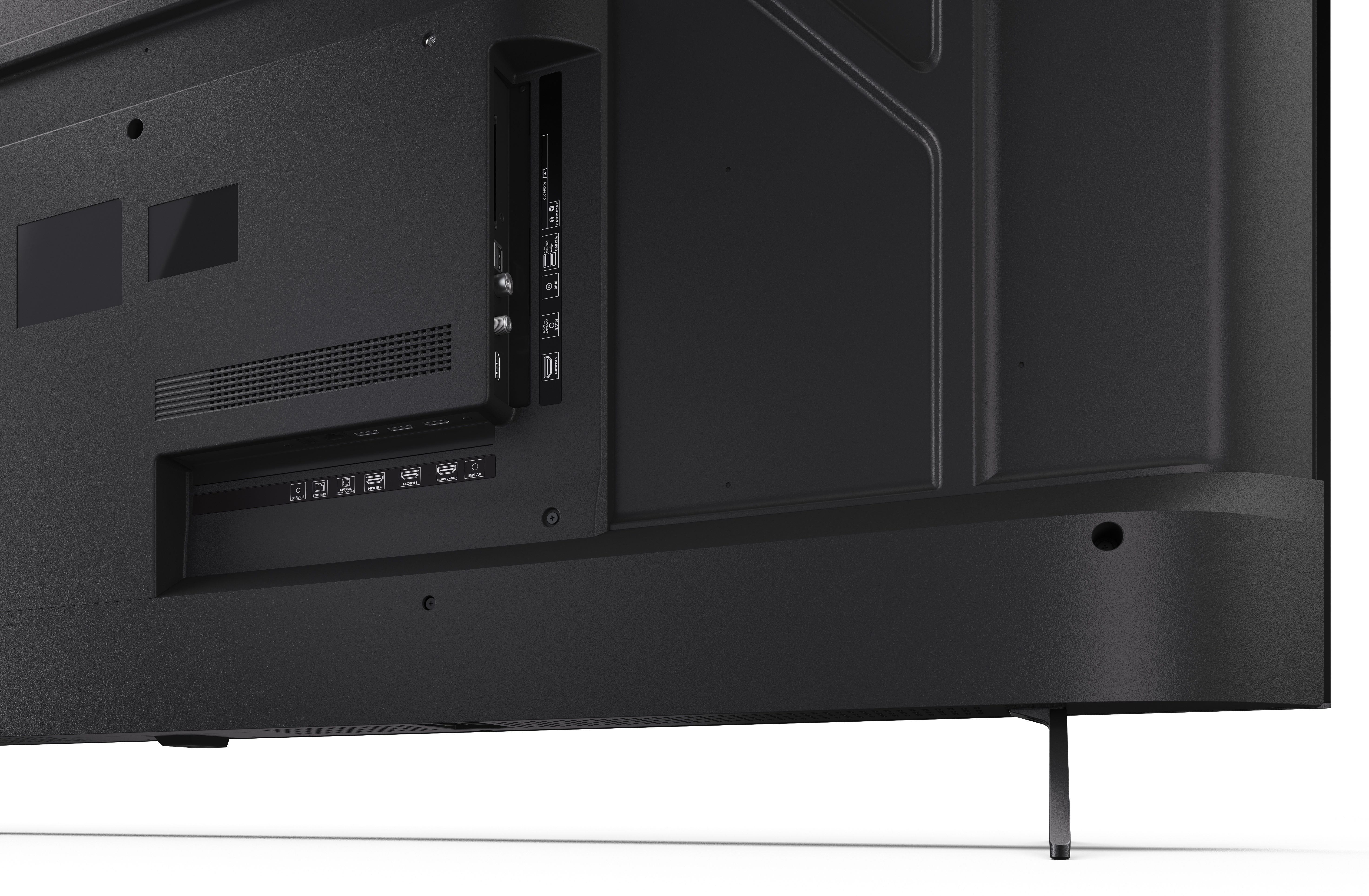Tył czarnego telewizora z portami i podstawką. Zawiera HDMI, Ethernet i inne typy połączeń.
