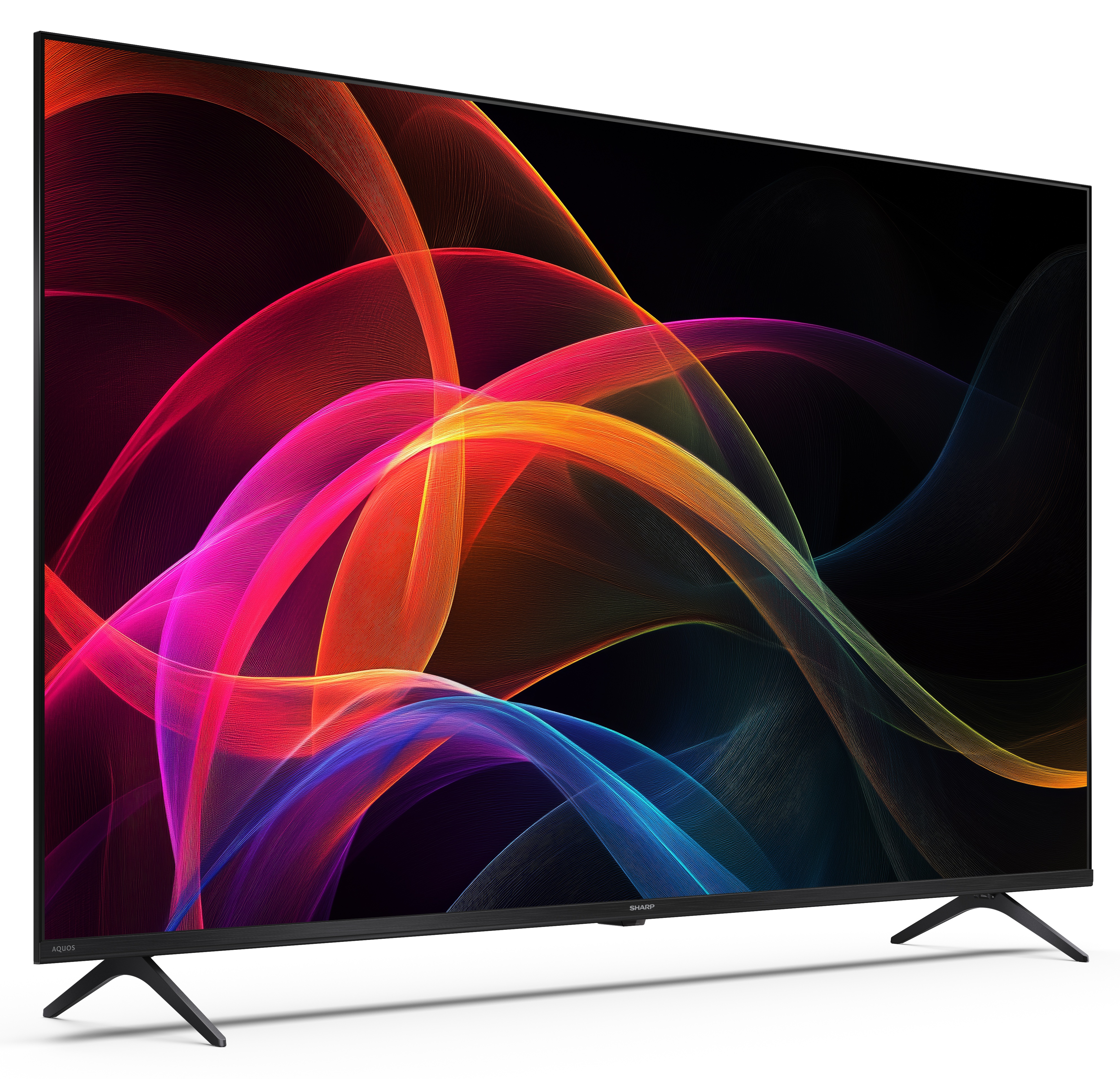 Telewizor Sharp z abstrakcyjnymi, kolorowymi falami na ekranie. Czarne nogi podtrzymują telewizor.