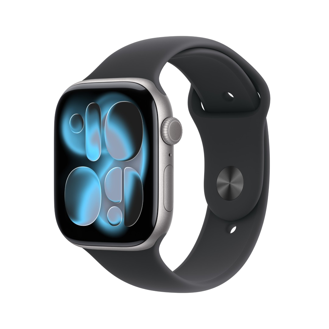 Srebrny Apple Watch z czarnym paskiem. Ekran wyświetla godzinę 10:09. Zegarek jest na czarnym tle.