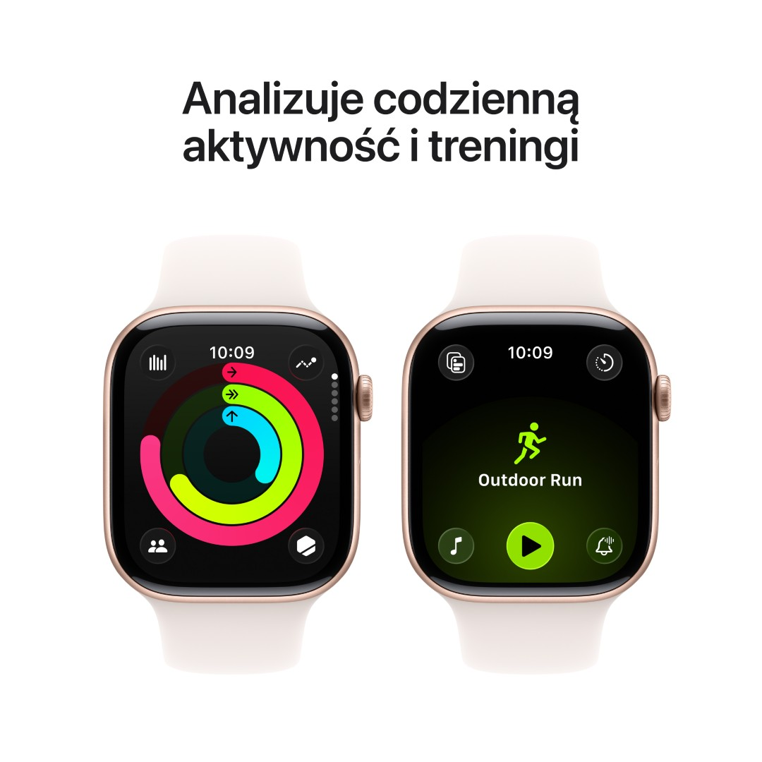 Dwa Apple Watche wyświetlają dane dotyczące aktywności i treningu. Jeden pokazuje pierścienie ćwiczeń, drugi interfejs biegu na zewnątrz.