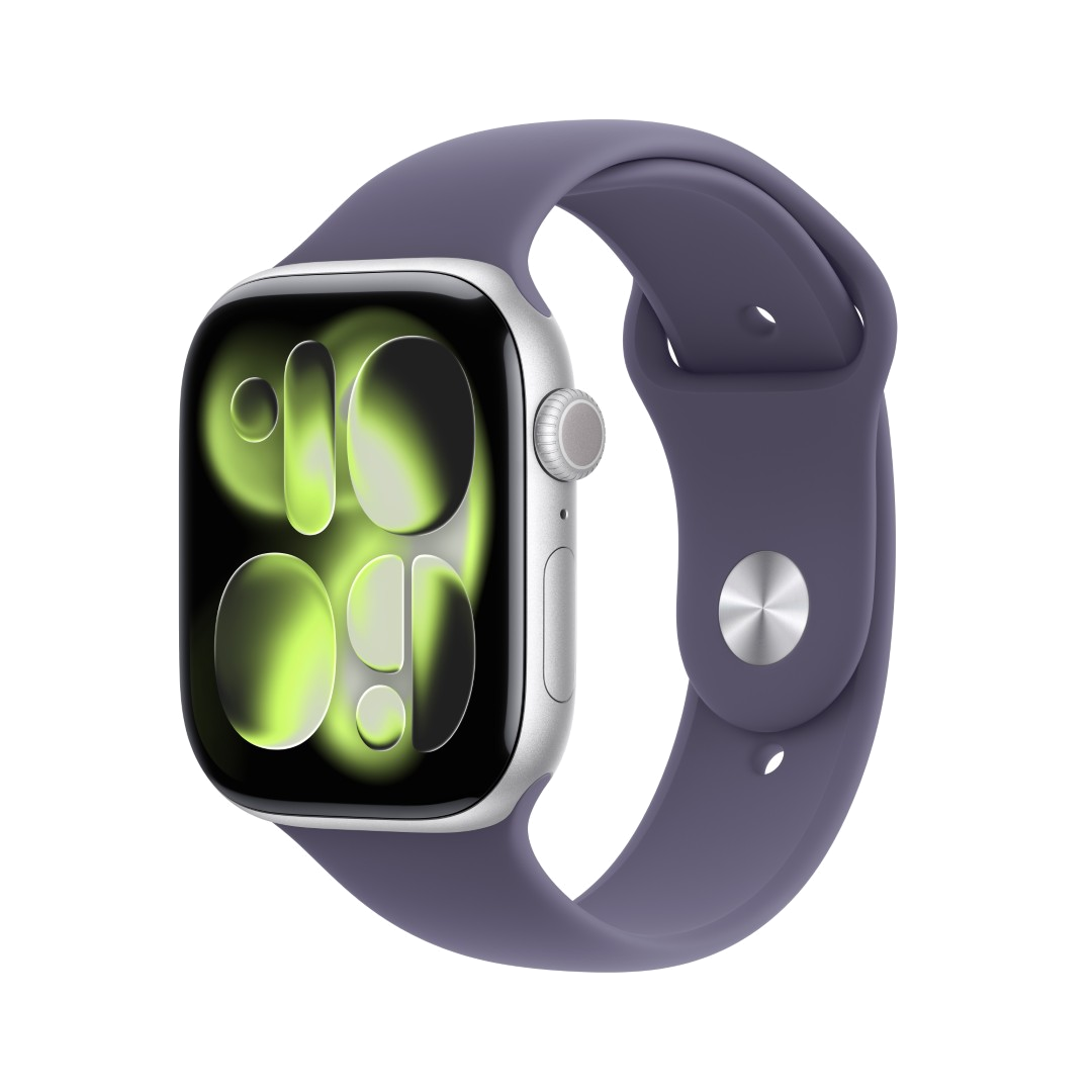 Apple Watch ze srebrną kopertą i fioletowym paskiem. Tarcza zegarka pokazuje godzinę 10:09 z zielonym gradientem.