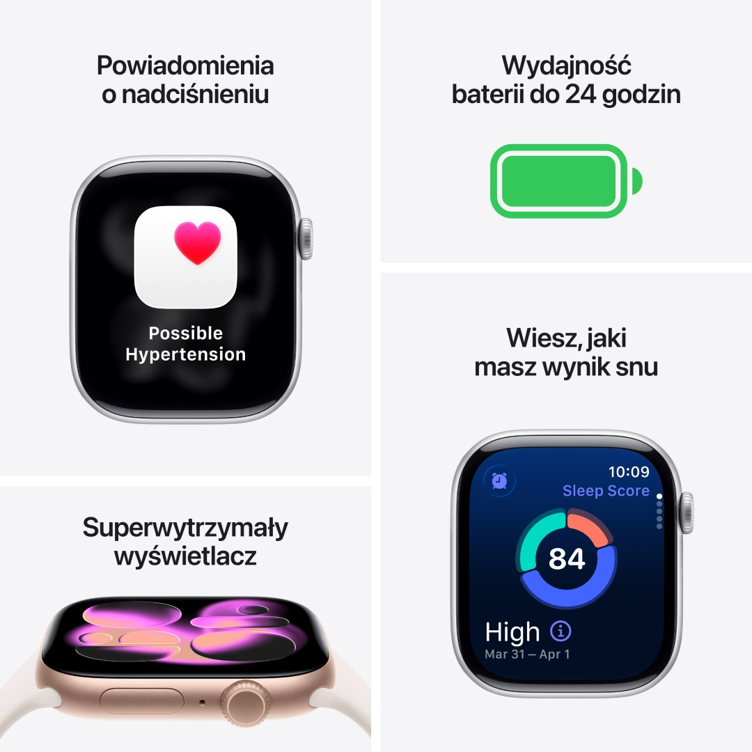 Obraz pokazuje Apple Watch wyświetlający wskaźniki zdrowotne, w tym możliwe ostrzeżenia o nadciśnieniu, żywotność baterii, wynik snu i wytrzymały wyświetlacz.