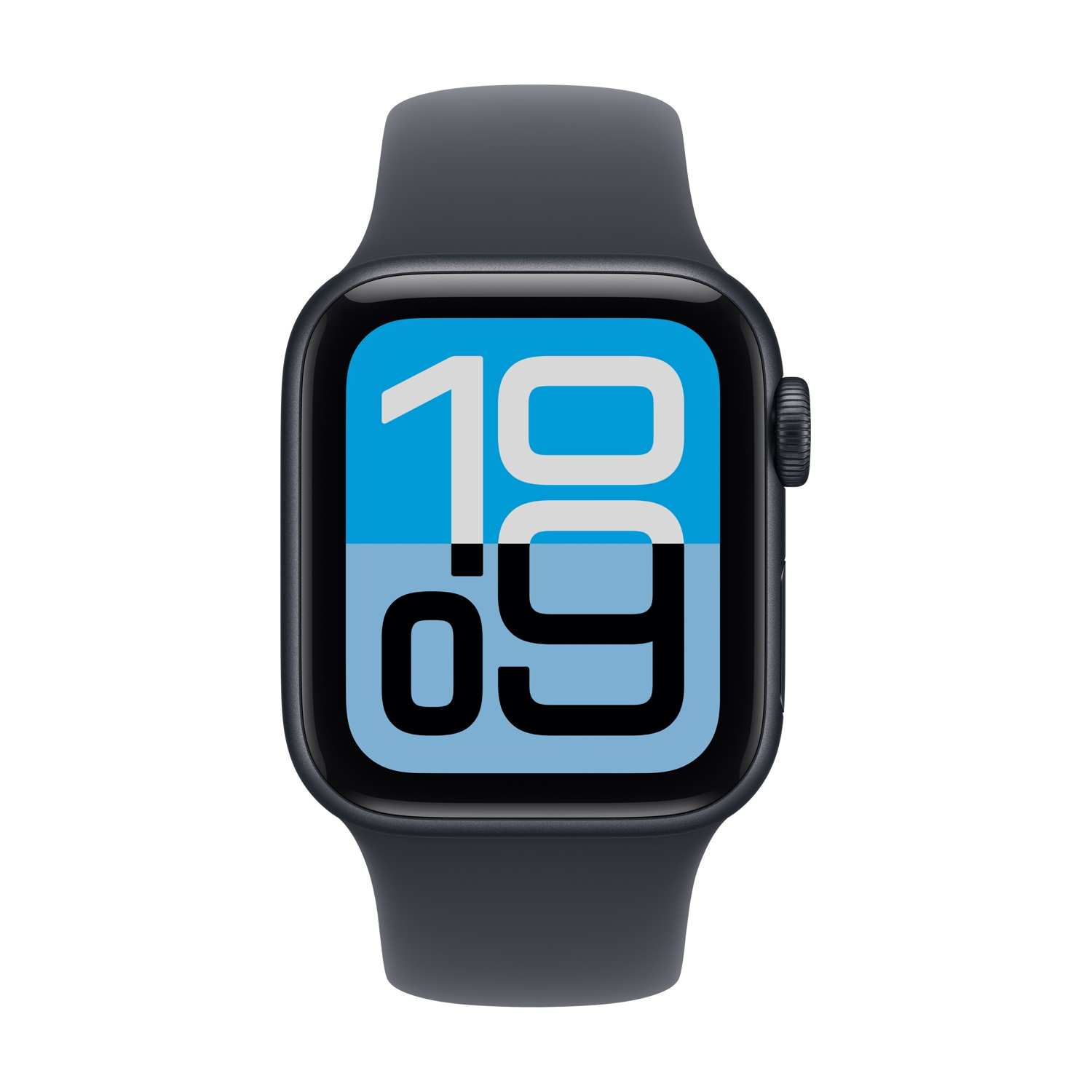 Un Apple Watch grigio scuro mostra l'ora 10:09 su uno schermo blu e bianco. L'orologio è su sfondo bianco.