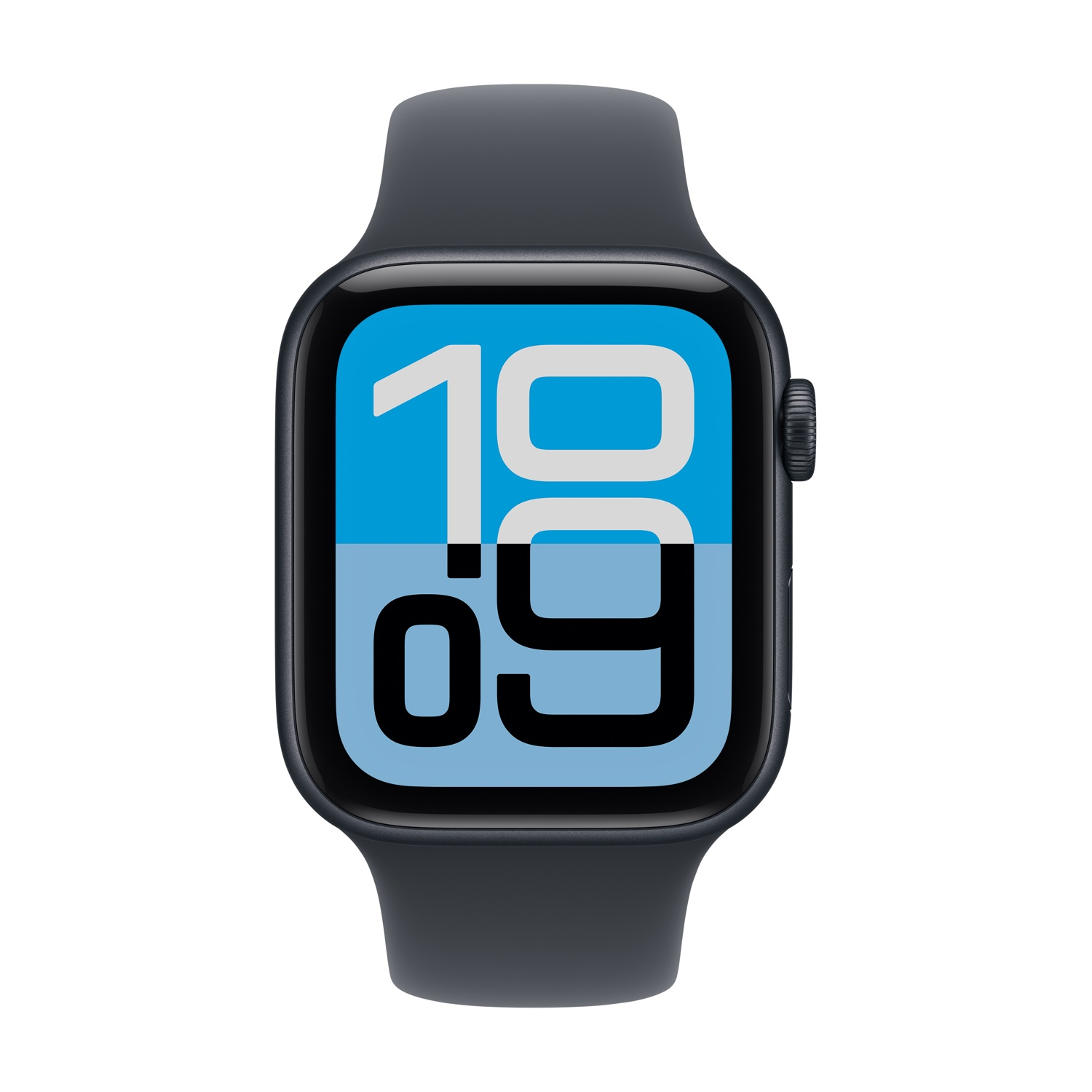 Un Apple Watch grigio scuro mostra l'ora 10:09 su sfondo blu. L'orologio è su sfondo bianco.