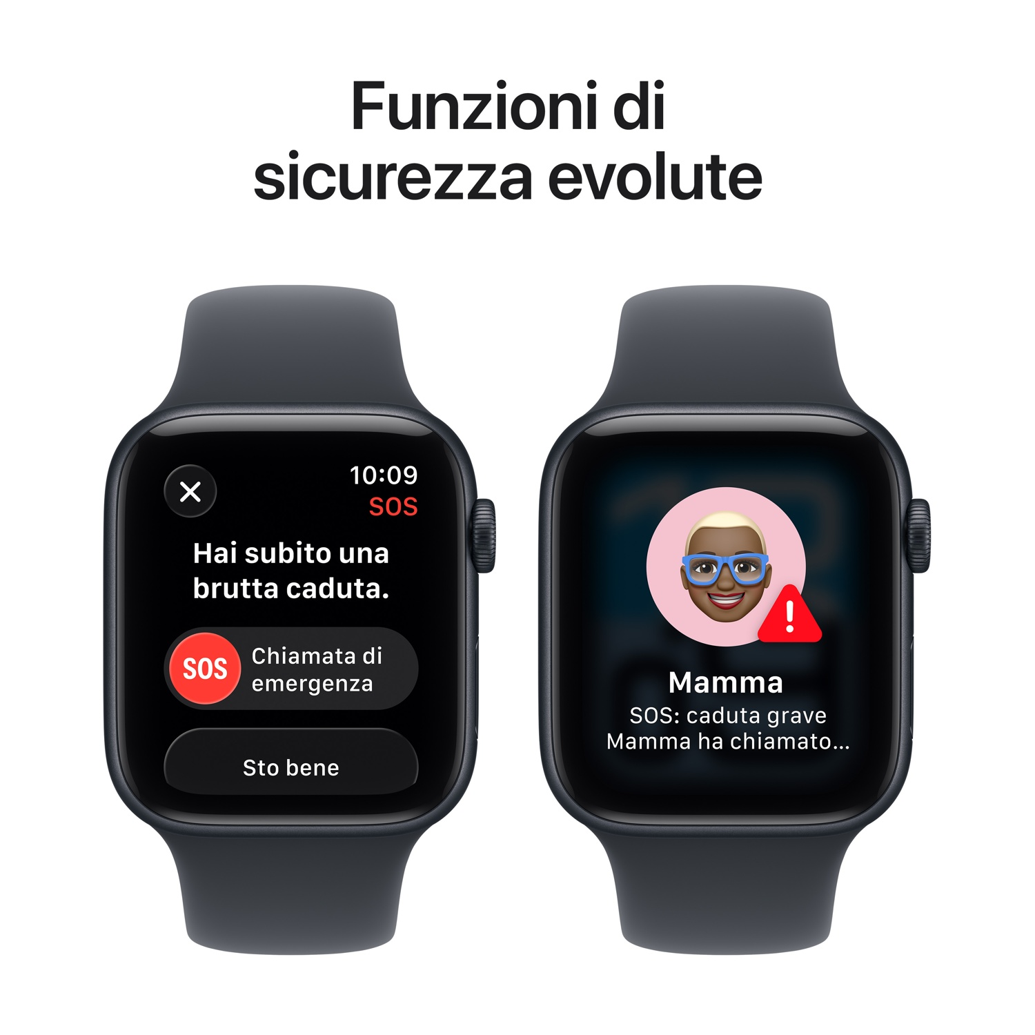 Due smartwatch. Uno mostra un avviso di caduta con opzioni SOS. L'altro mostra un contatto che chiama aiuto dopo una caduta grave.