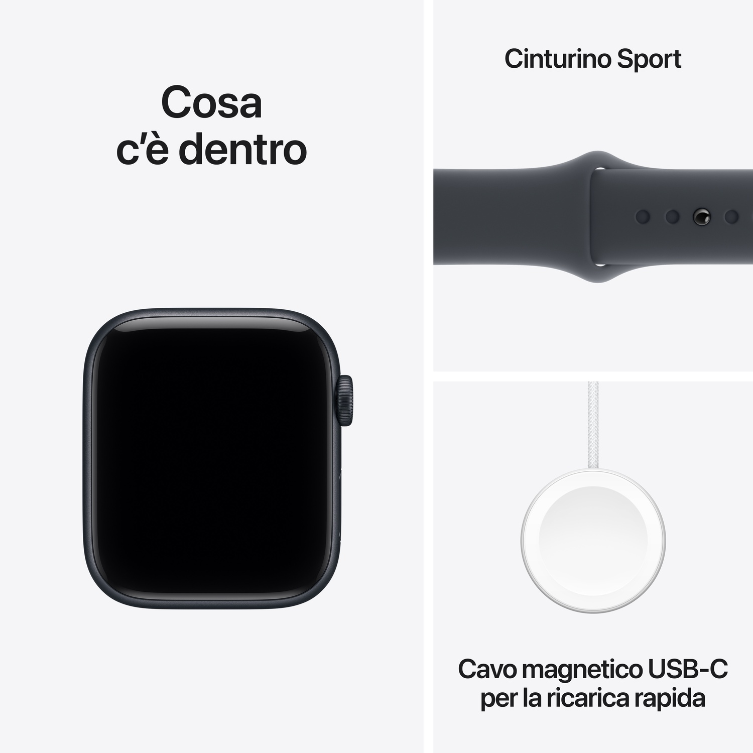 Un Apple Watch, cinturino sportivo e cavo di ricarica magnetico USB-C sono visualizzati su sfondo bianco. Il testo in italiano indica gli elementi.