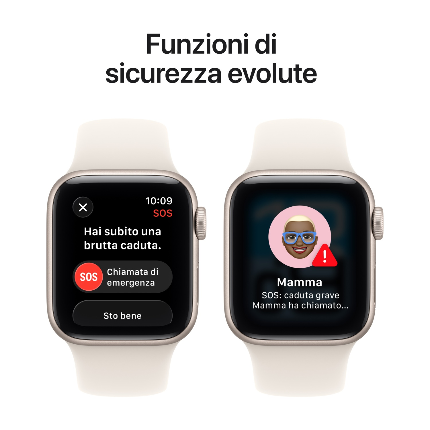 Due smartwatch mostrano notifiche di emergenza. Uno mostra un avviso di caduta, l'altro una chiamata da 'Mamma' con avviso di caduta grave.