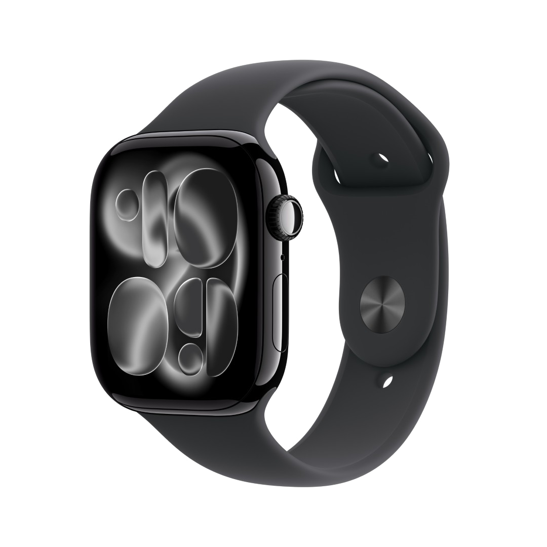 Czarny Apple Watch z czarnym paskiem. Tarcza zegarka przedstawia jasny, abstrakcyjny wzór na czarnym tle.