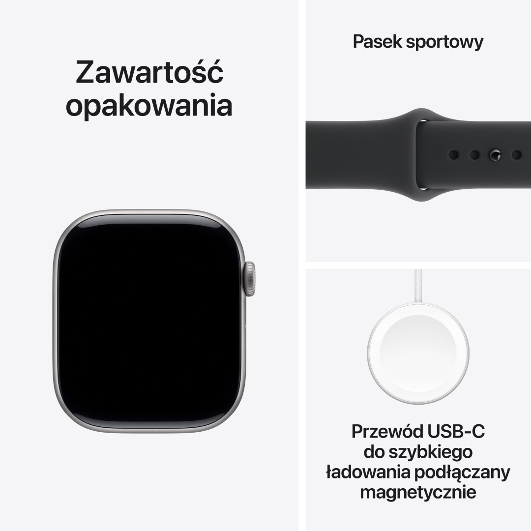 Obrazek pokazuje Apple Watch i jego komponenty: kopertę zegarka, czarny pasek sportowy i magnetyczny kabel ładujący. Wszystko na białym tle.