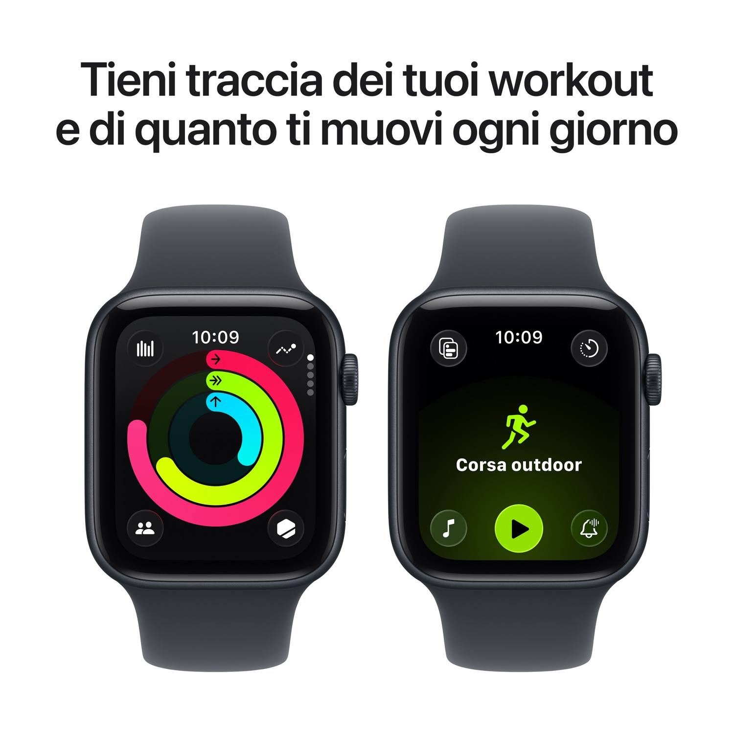 Due smartwatch mostrano dati di allenamento. Uno mostra anelli di attività, l'altro statistiche di corsa all'aperto. Testo: Tieni traccia dei tuoi allenamenti.