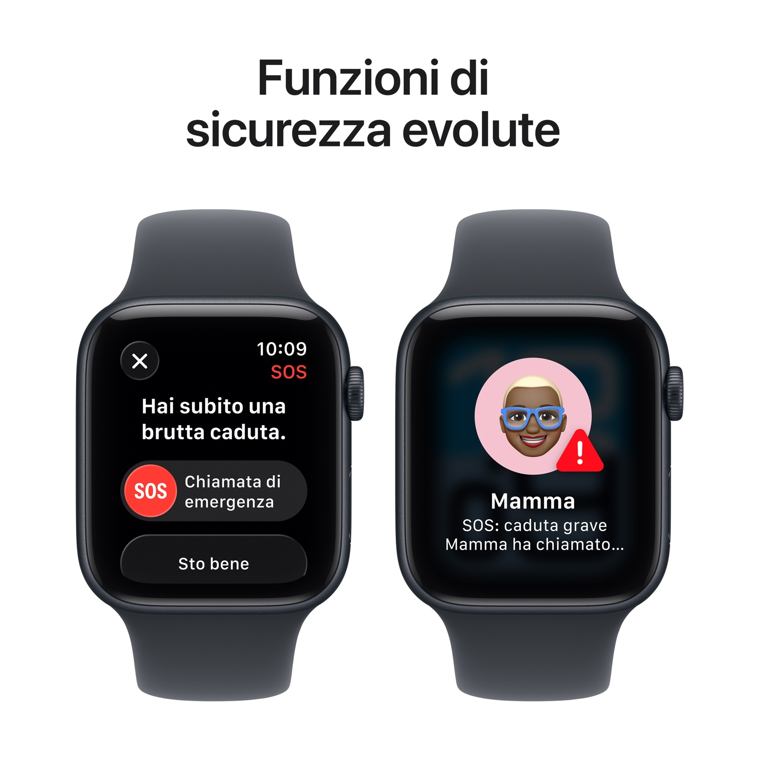 Due smartwatch mostrano funzioni di emergenza. Uno rileva cadute, l'altro mostra una chiamata da 'Mamma' dopo una caduta, con un avviso.