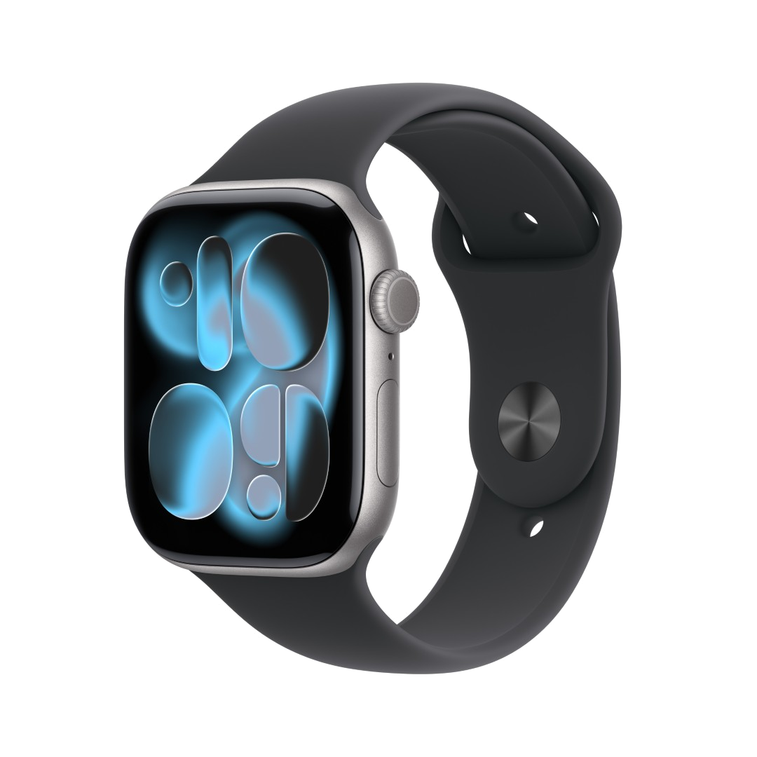 Wyświetlany jest srebrny Apple Watch z czarnym paskiem. Tarcza zegarka pokazuje godzinę 10:09. Tło jest czarne.