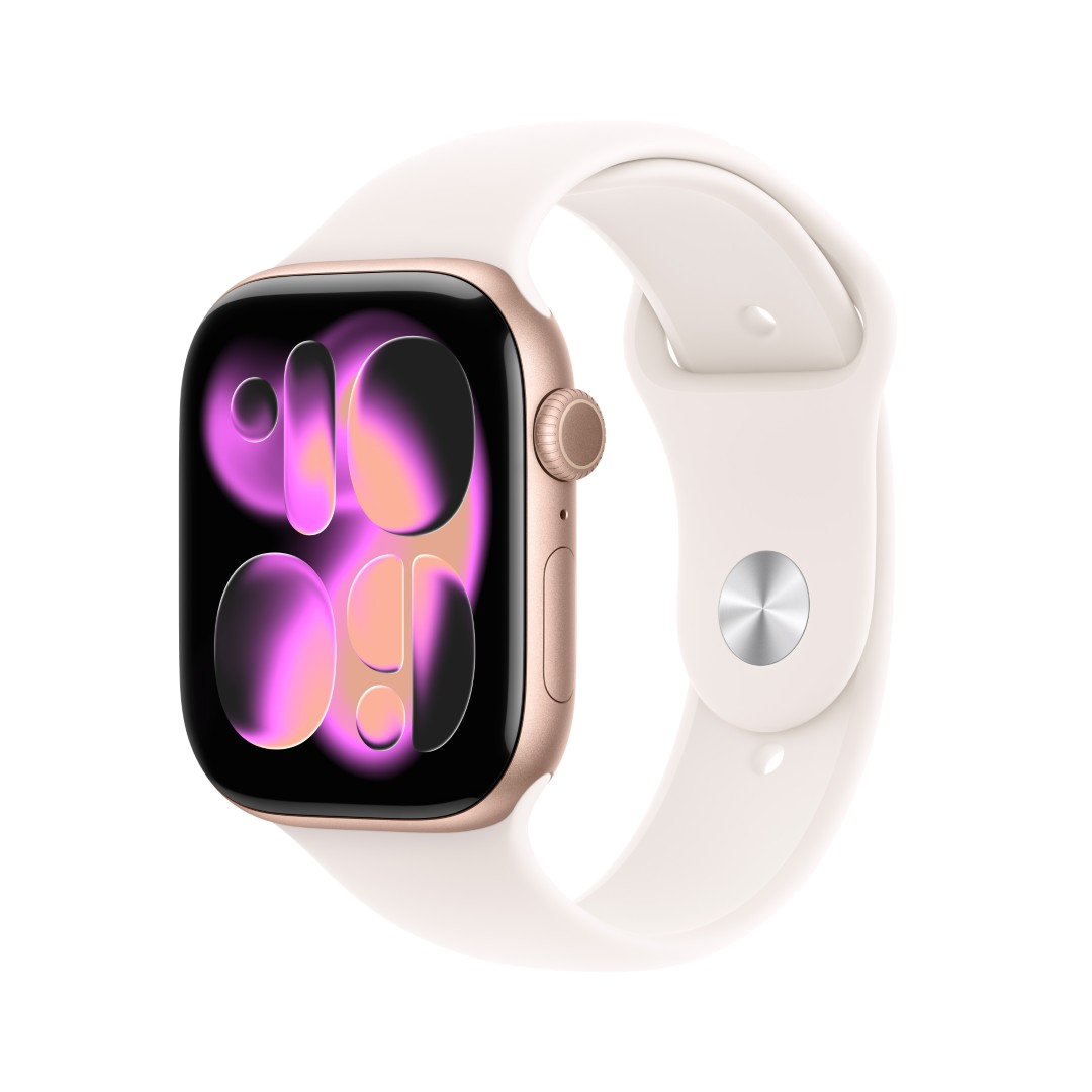 Apple Watch ze złotą kopertą i białym paskiem. Tarcza zegarka wyświetla godzinę w różowych i pomarańczowych odcieniach. Czarne tło.