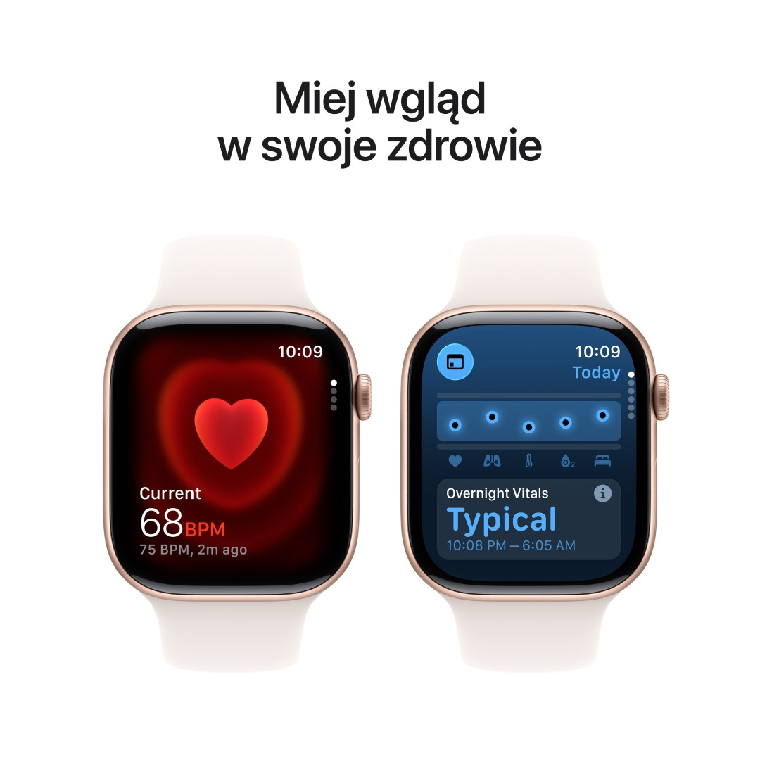 Dwa smartwatche wyświetlają dane zdrowotne. Jeden pokazuje tętno: 68 BPM. Drugi pokazuje witalność nocną, w tym dane dotyczące snu.