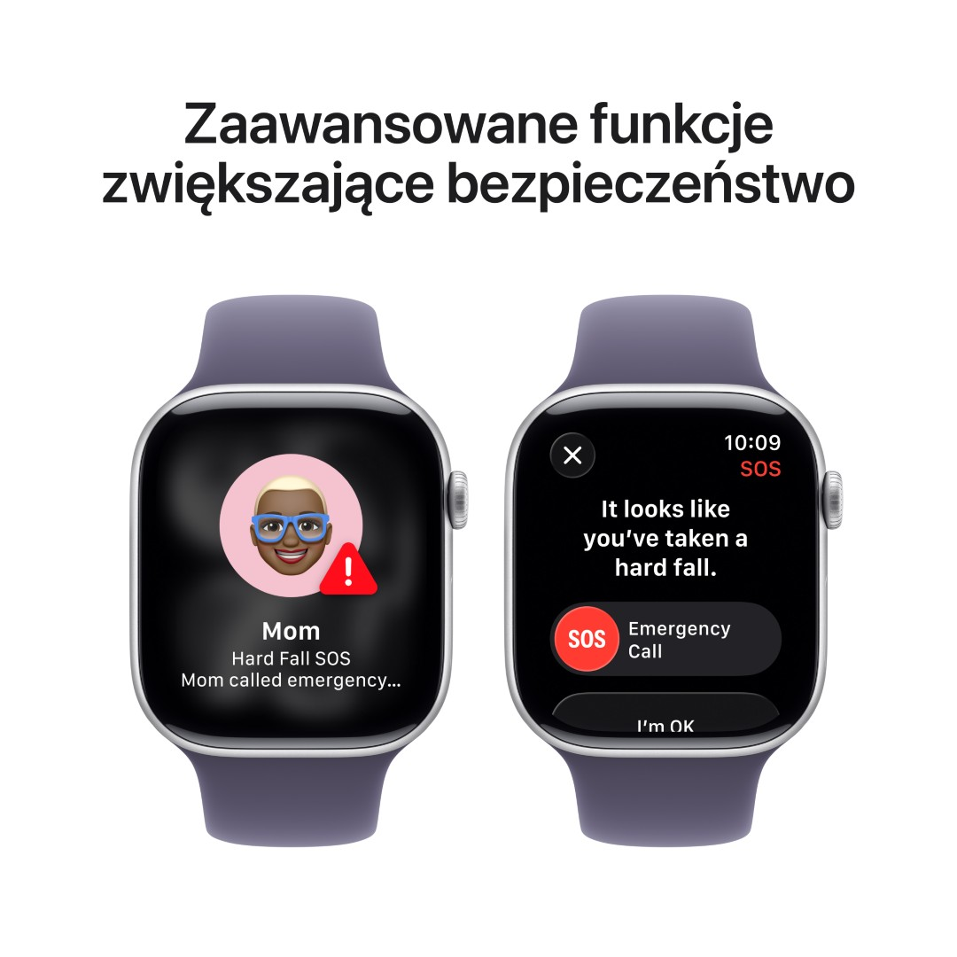 Dwa smartwatche wyświetlają funkcje bezpieczeństwa. Jeden pokazuje powiadomienie o upadku z kontaktem mamy, drugi pyta o upadek.