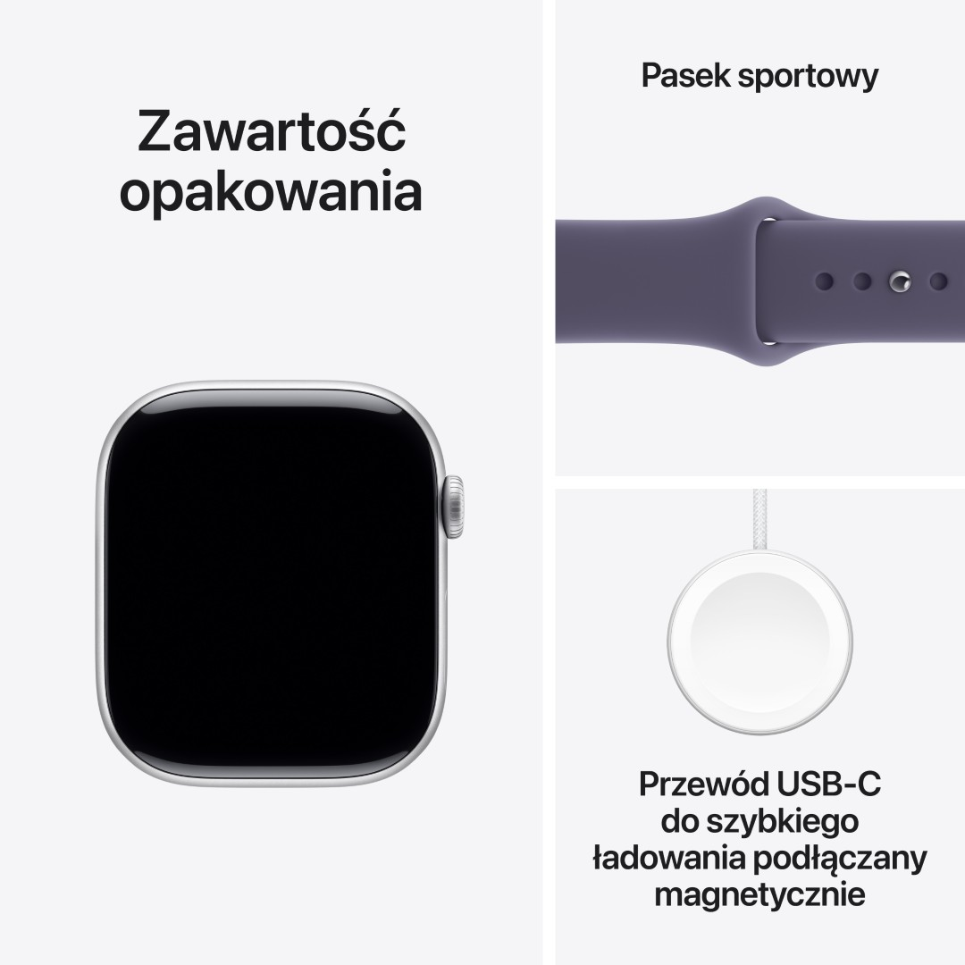 Zawartość opakowania: Apple Watch, fioletowy pasek sportowy i magnetyczny kabel USB-C do szybkiego ładowania. Zegarek ma czarny ekran.