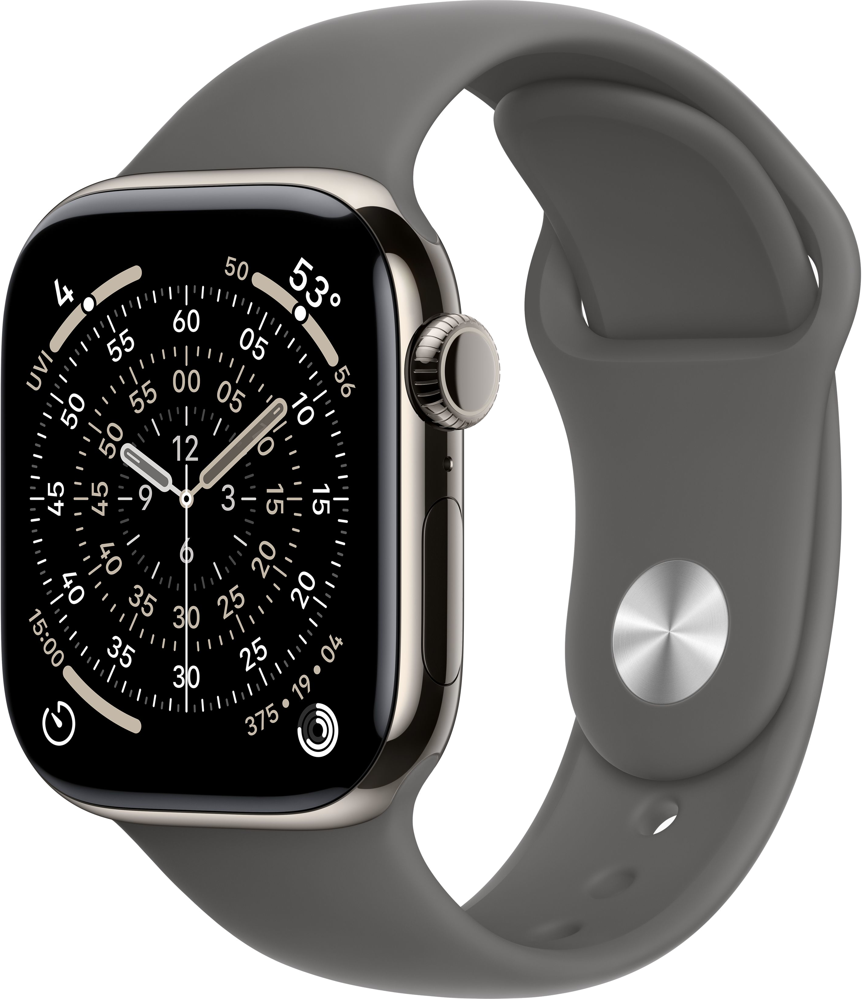 Szary Apple Watch z czarną tarczą wyświetlającą czas i dane, na szarym pasku.