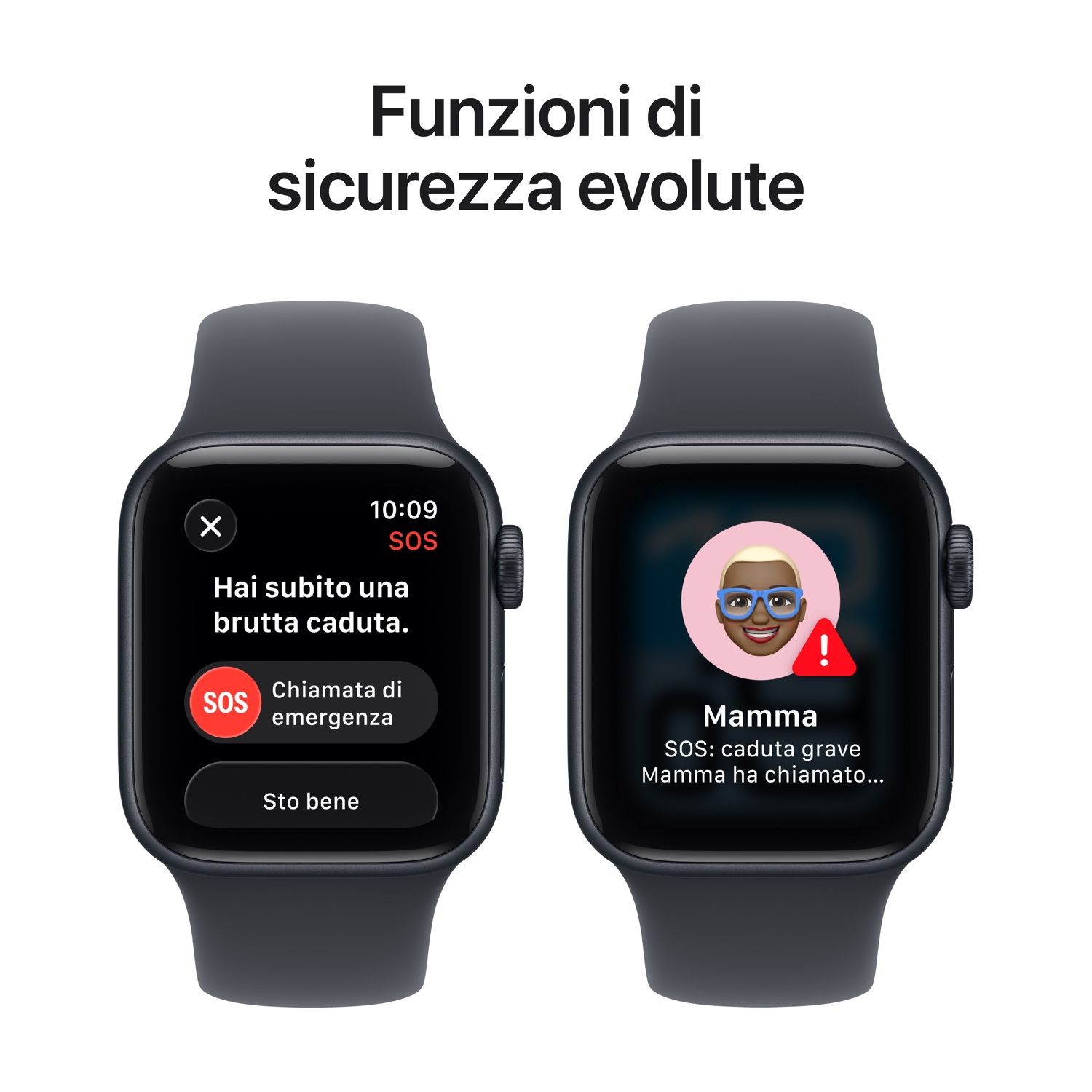 Due smartwatch mostrano avvisi di emergenza. Uno mostra un messaggio di rilevamento caduta con opzioni SOS. L'altro mostra una chiamata da 'Mamma'.