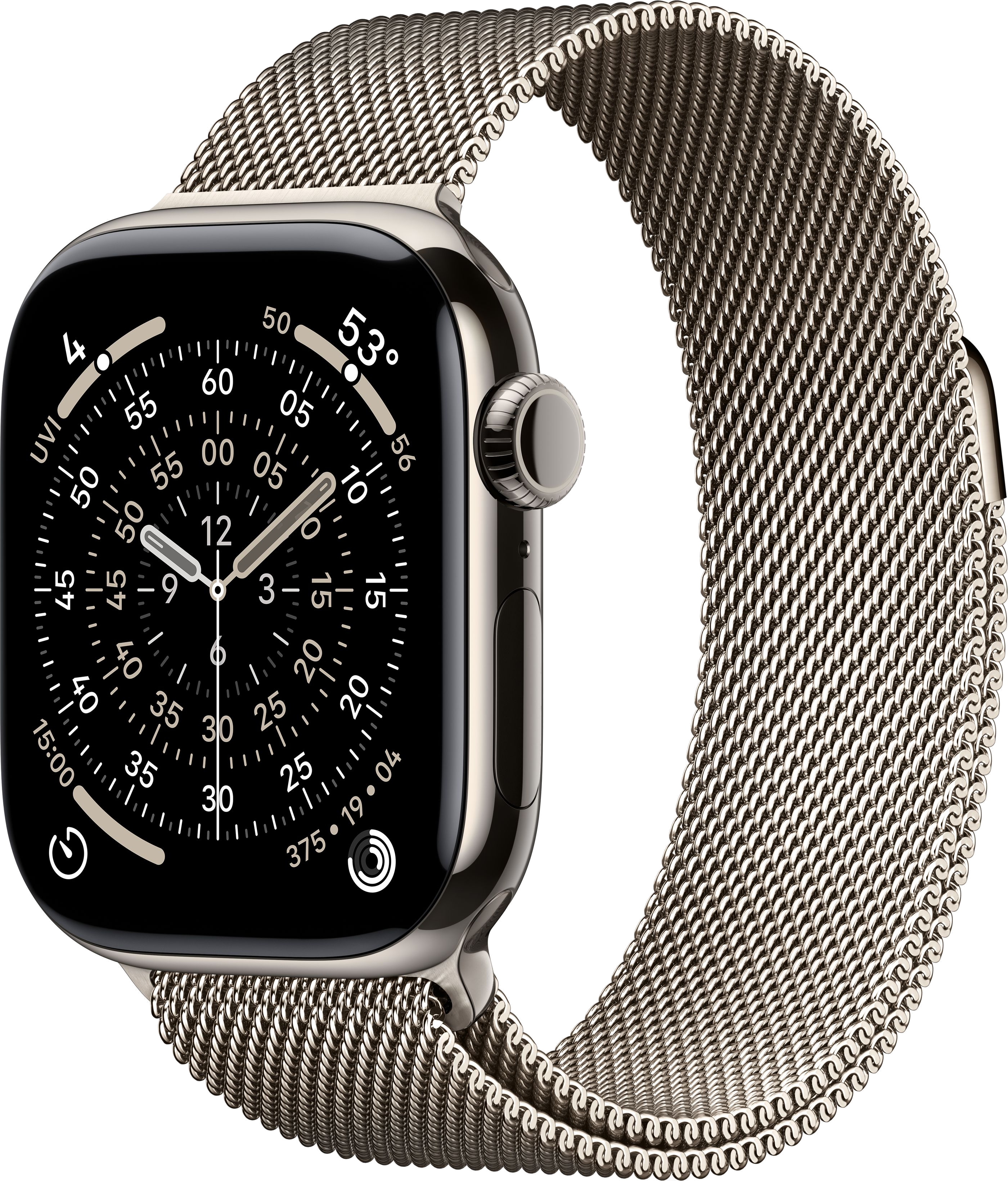 Srebrny Apple Watch z siatkowym paskiem. Tarcza zegarka pokazuje czas i inne wskaźniki na czarnym tle.