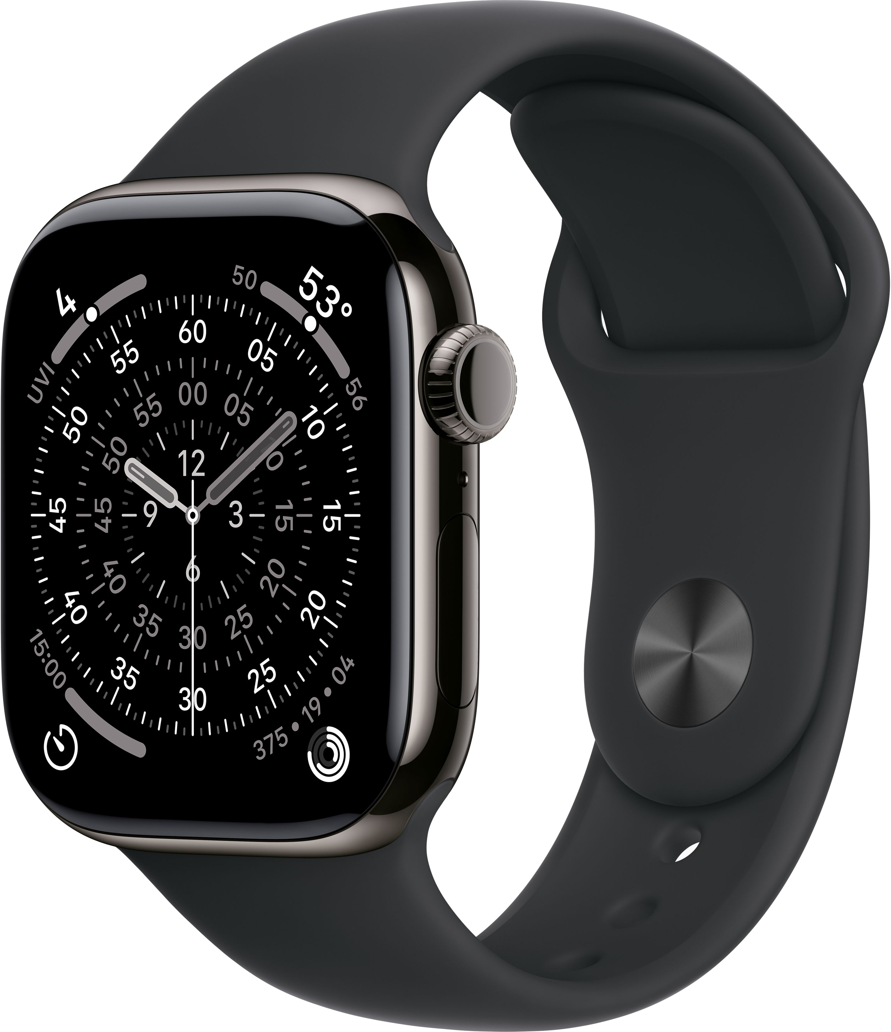 Zbliżenie czarnego zegarka Apple Watch z czarnym paskiem, pokazujące godzinę i inne wskaźniki.