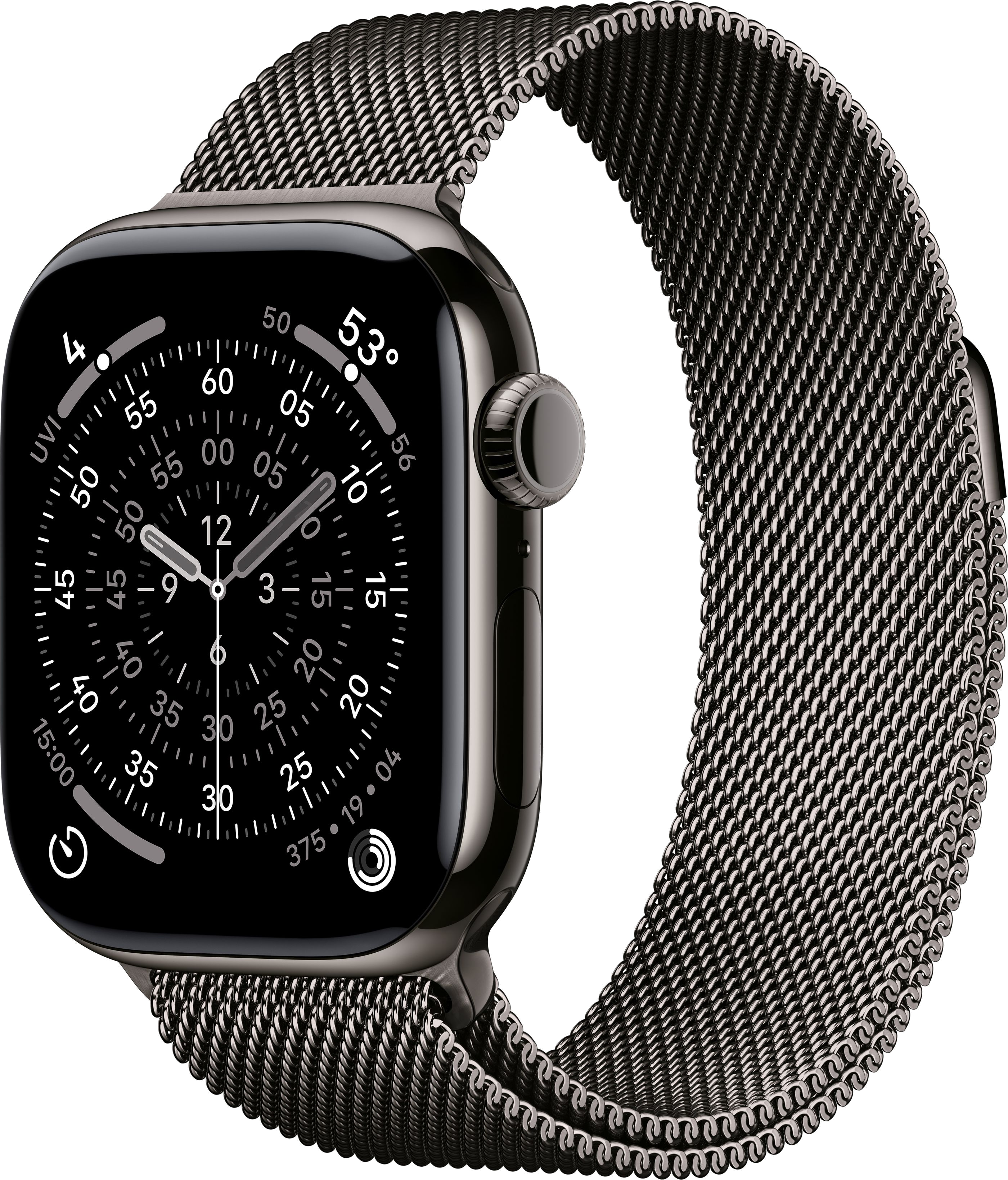Ciemnoszary Apple Watch z siatkowym paskiem wyświetla godzinę. Tło jest czarne.