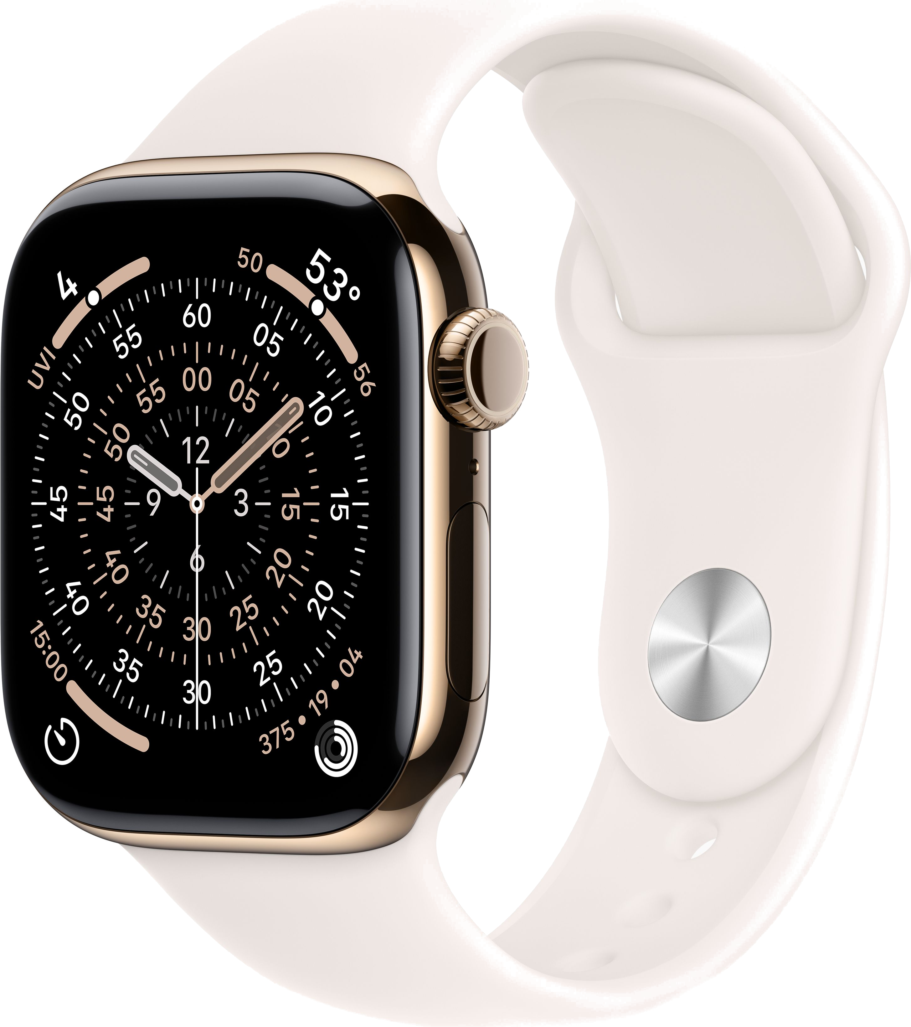 Złoty Apple Watch z czarnym ekranem wyświetla godzinę. Ma biały pasek.