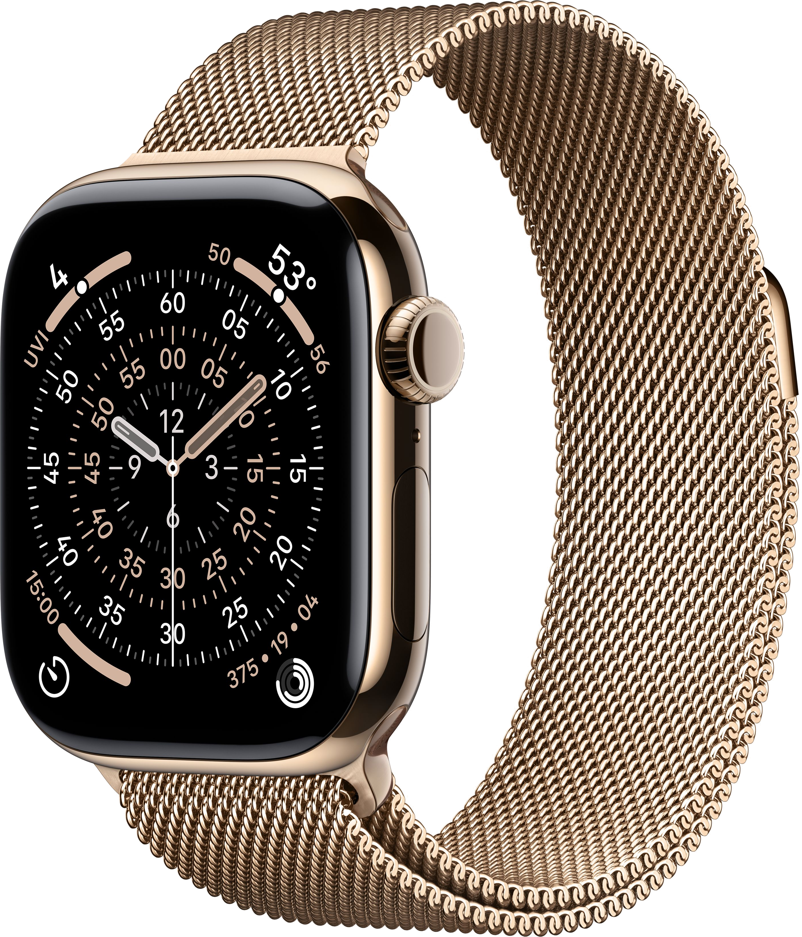 Złoty Apple Watch z czarną tarczą i złotą bransoletą z siatki, na czarnym tle.