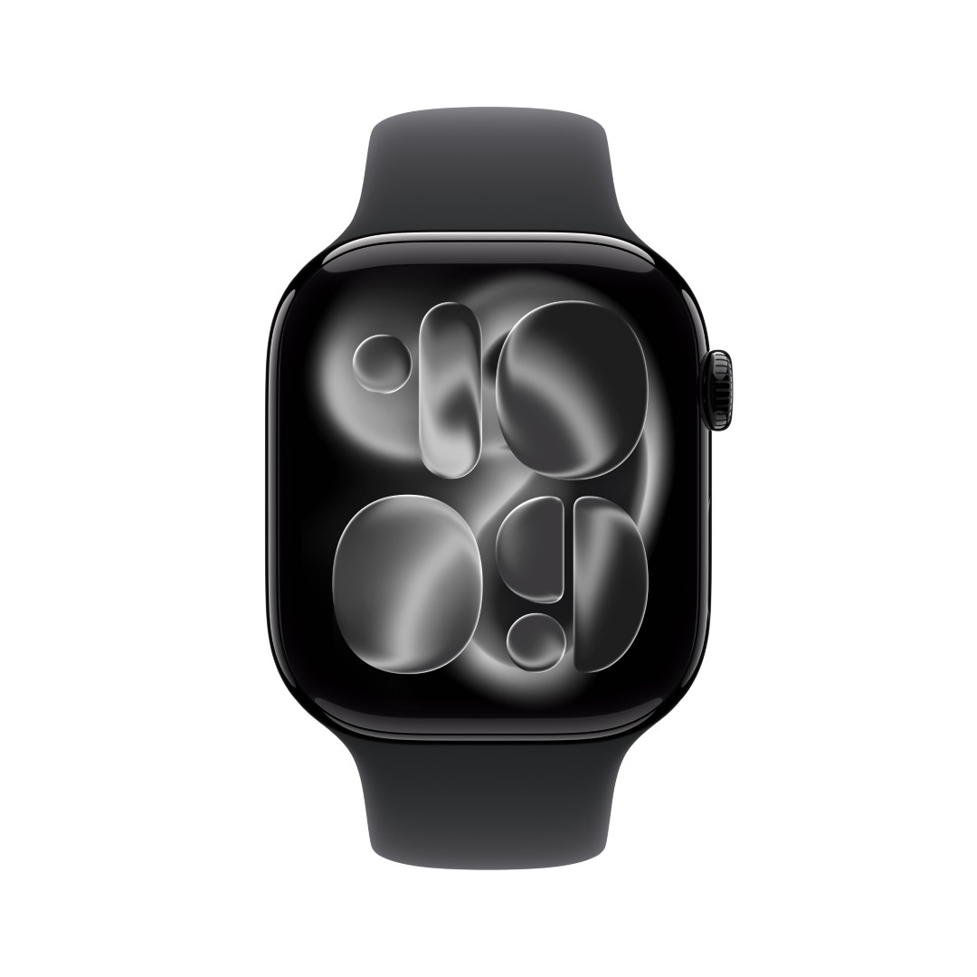 Czarny Apple Watch z tarczą pokazującą godzinę. Zegarek jest na białym tle.
