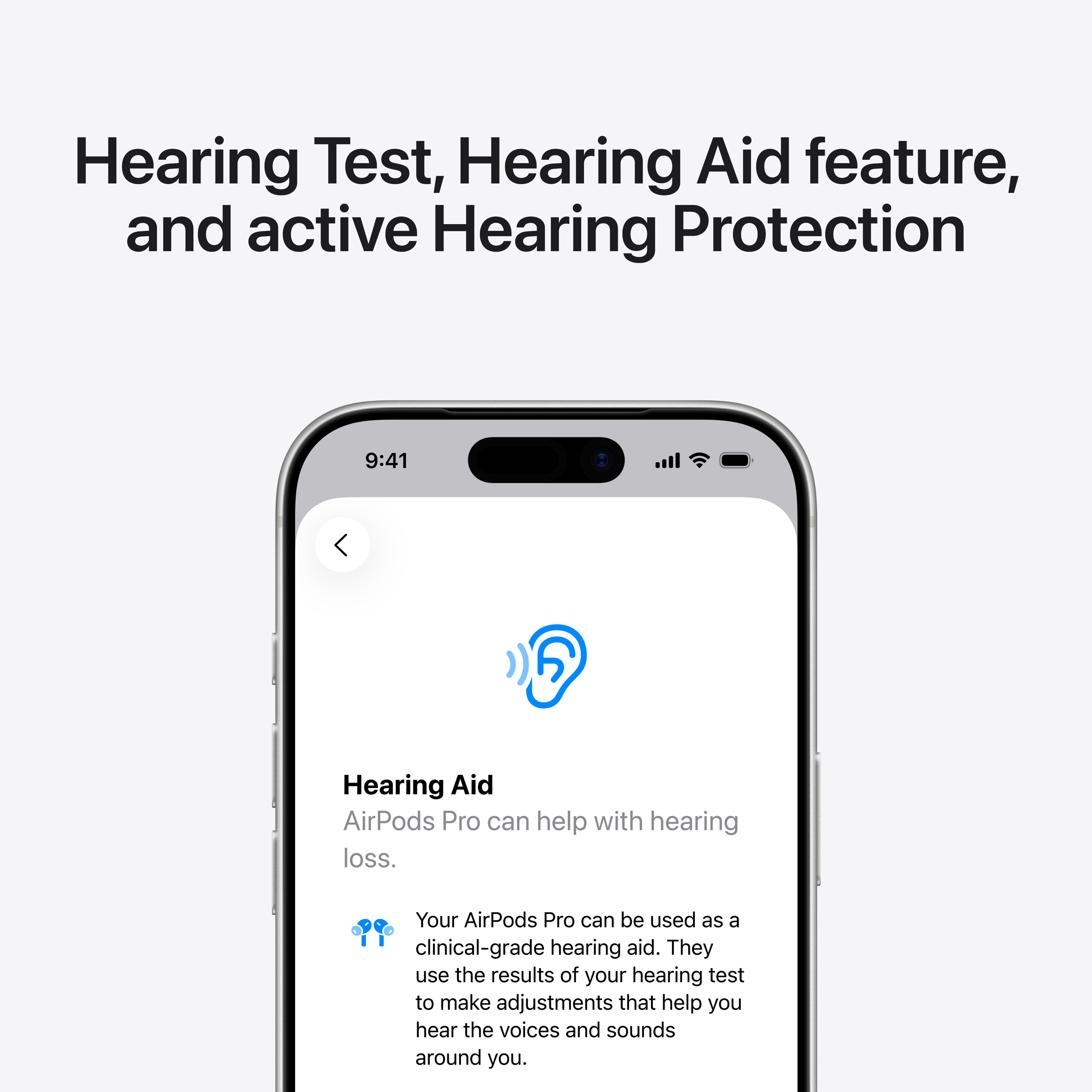 Schermo iPhone con funzionalità di assistenza all'udito. Il testo include 'Test dell'udito' e dettagli 'AirPods Pro'.