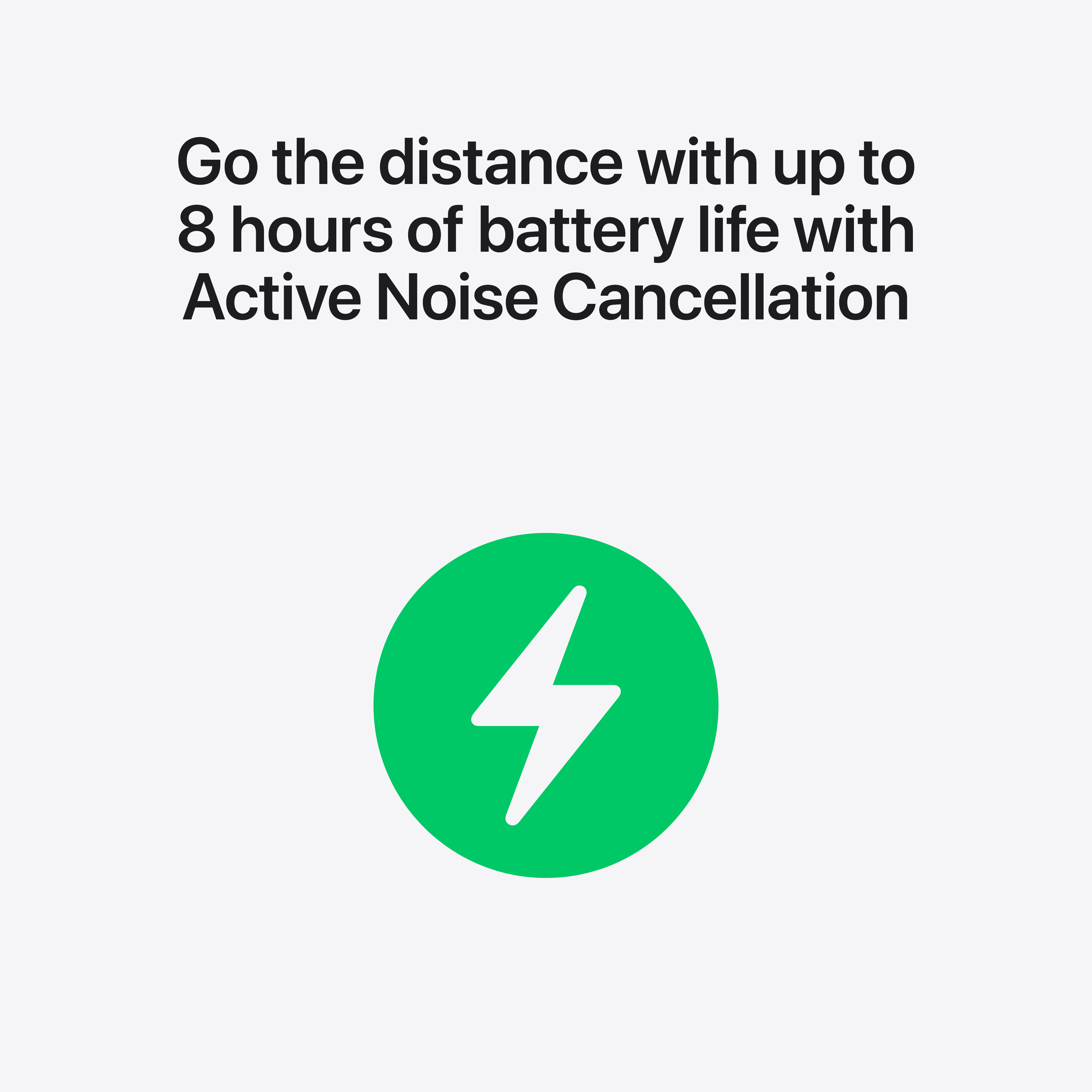 Sfondo bianco con testo sulla durata della batteria e cancellazione attiva del rumore. Cerchio verde con fulmine bianco.