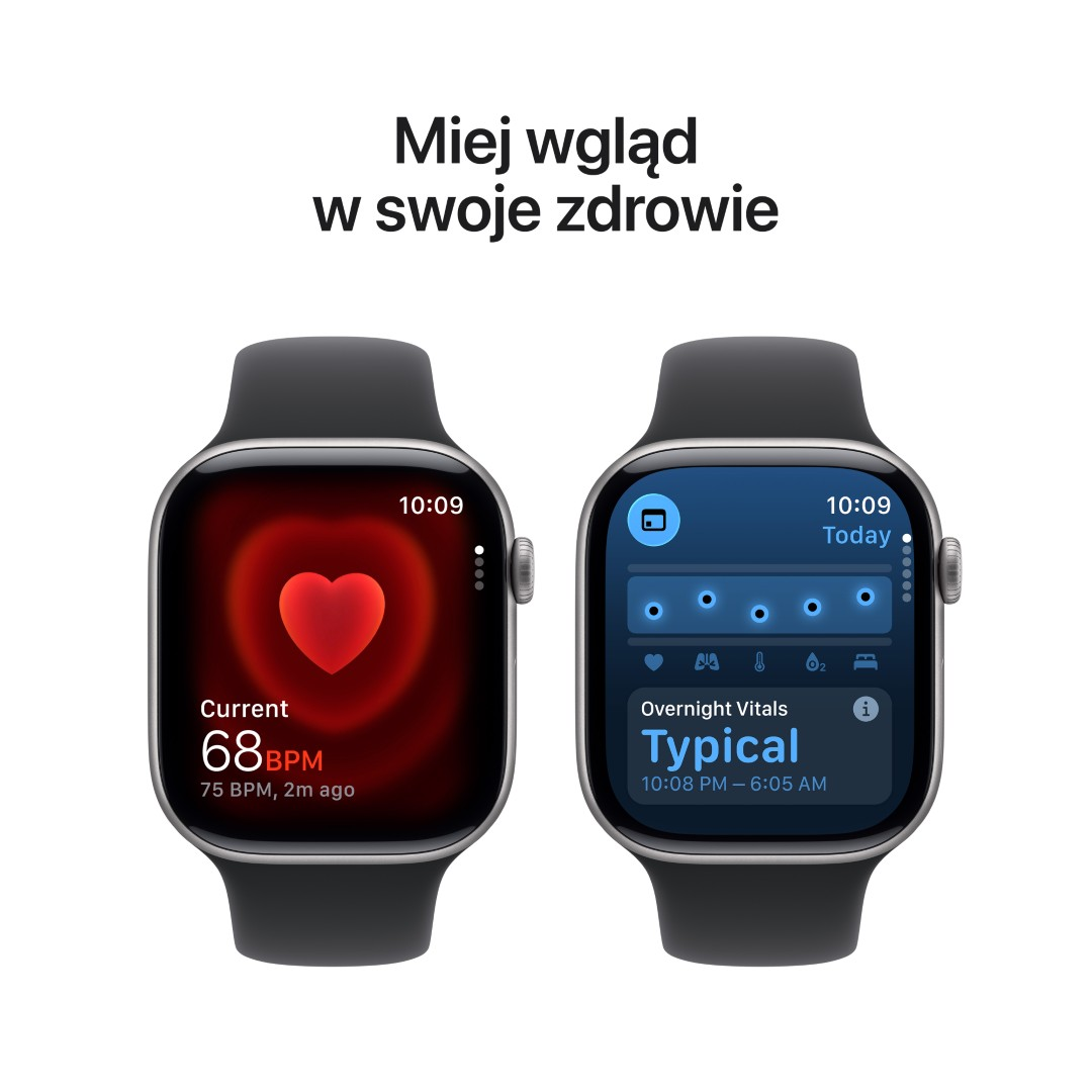 Dwa Apple Watche wyświetlają dane zdrowotne. Jeden pokazuje tętno 68 BPM, drugi pokazuje wskaźniki nocne.
