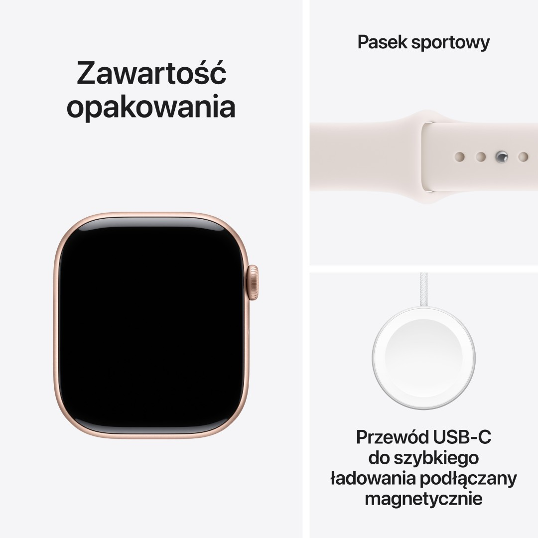 Obrazek pokazuje Apple Watch, sportowy pasek i magnetyczny kabel ładujący. Tekst: Zawartość opakowania.