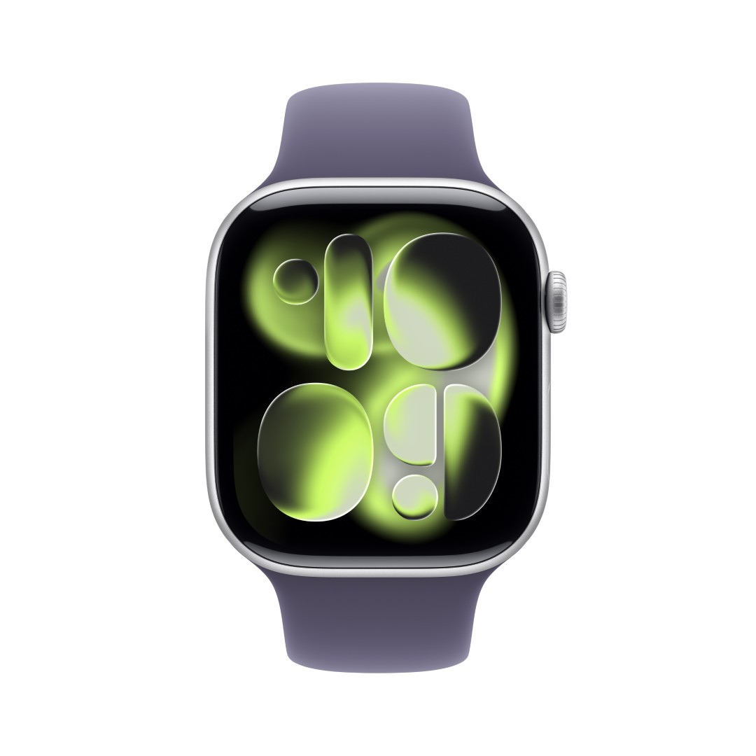 Fioletowy Apple Watch z zielono-czarnym cyfrowym wyświetlaczem pokazującym godzinę. Pasek jest fioletowy, a tarcza czarna.
