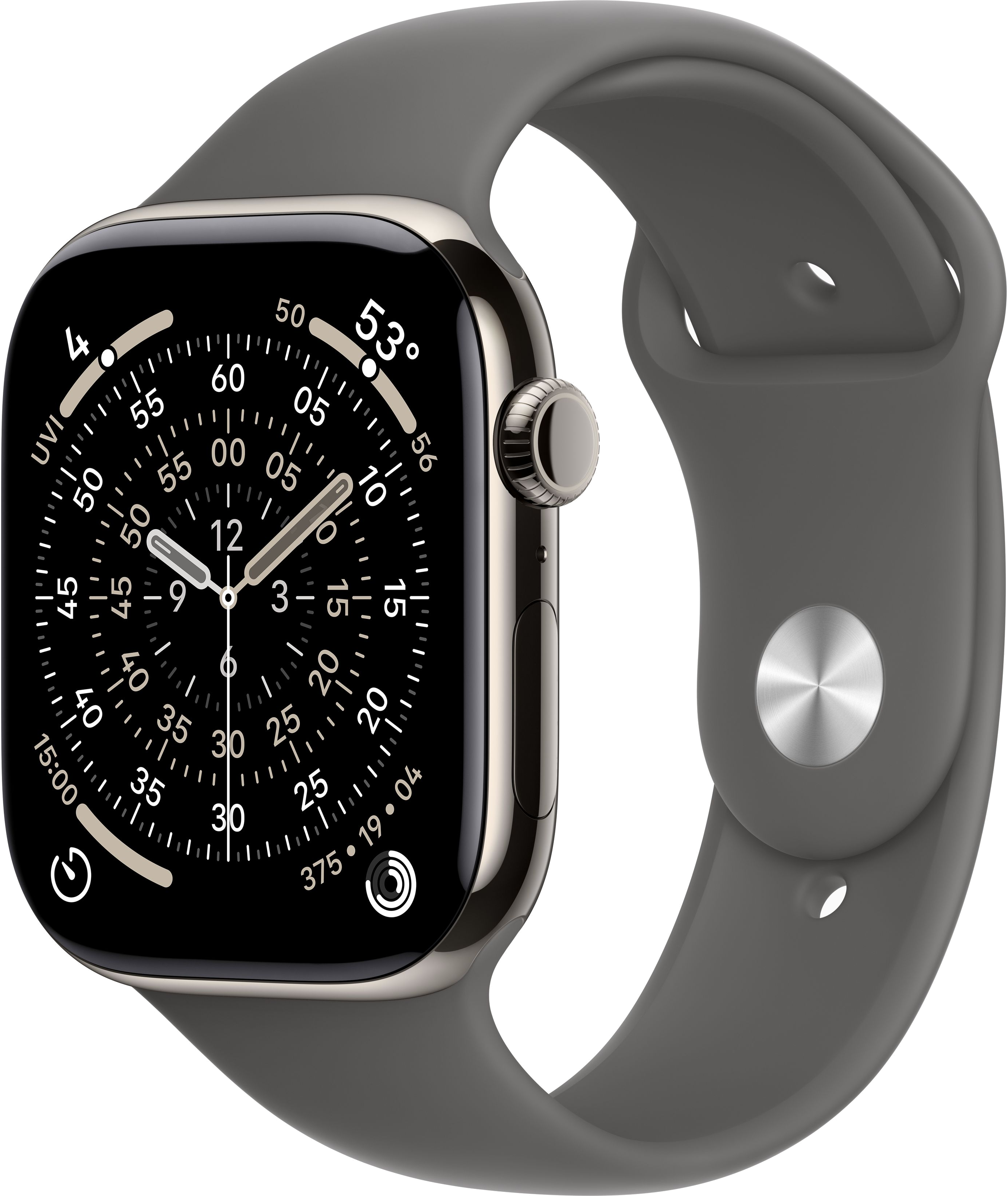 Srebrny Apple Watch z szarym paskiem wyświetla godzinę. Tarcza zegarka ma cyfry i wskazówki.