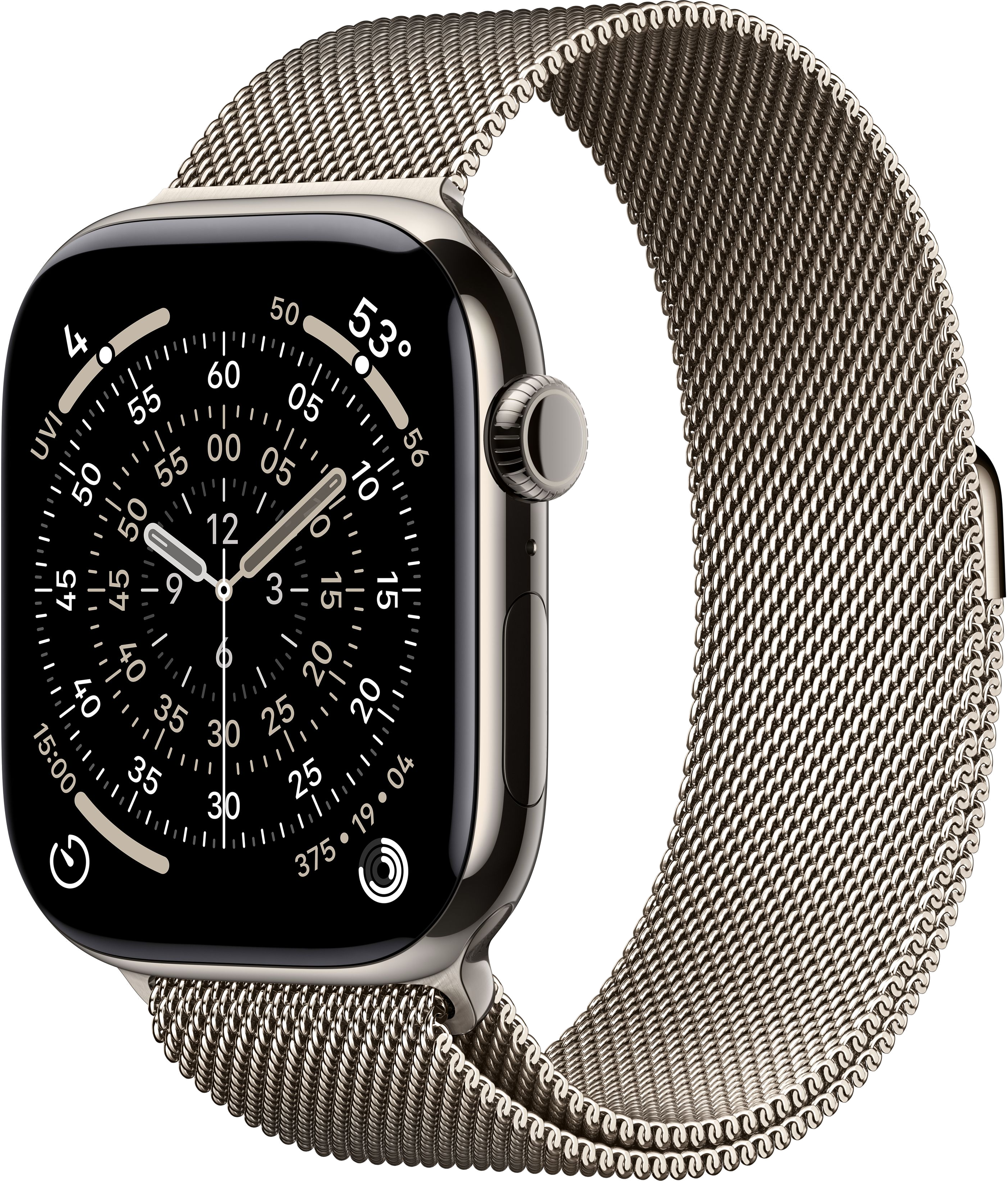 Srebrny Apple Watch z siatkowym paskiem wyświetla godzinę. Czarna tarcza pokazuje godzinę i inne wskaźniki.