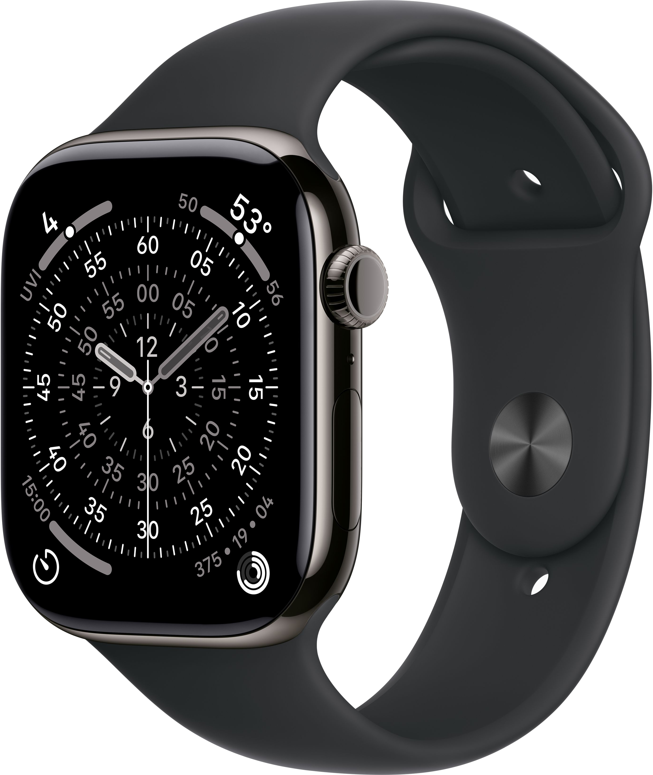Czarny smartwatch z czarnym paskiem wyświetla godzinę. Zegarek ma cyfrowy interfejs z cyframi i wskazówką minutową.