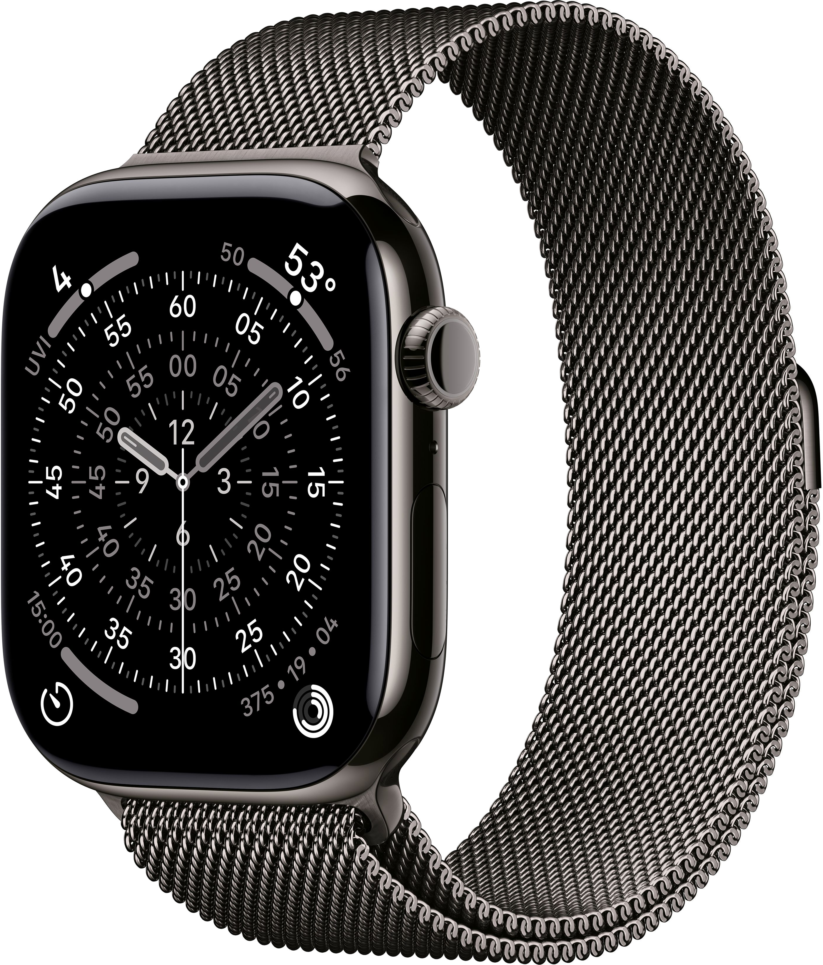 Ciemnoszary Apple Watch z siatkowym paskiem. Tarcza zegarka wyświetla godzinę. Tło jest czarne.